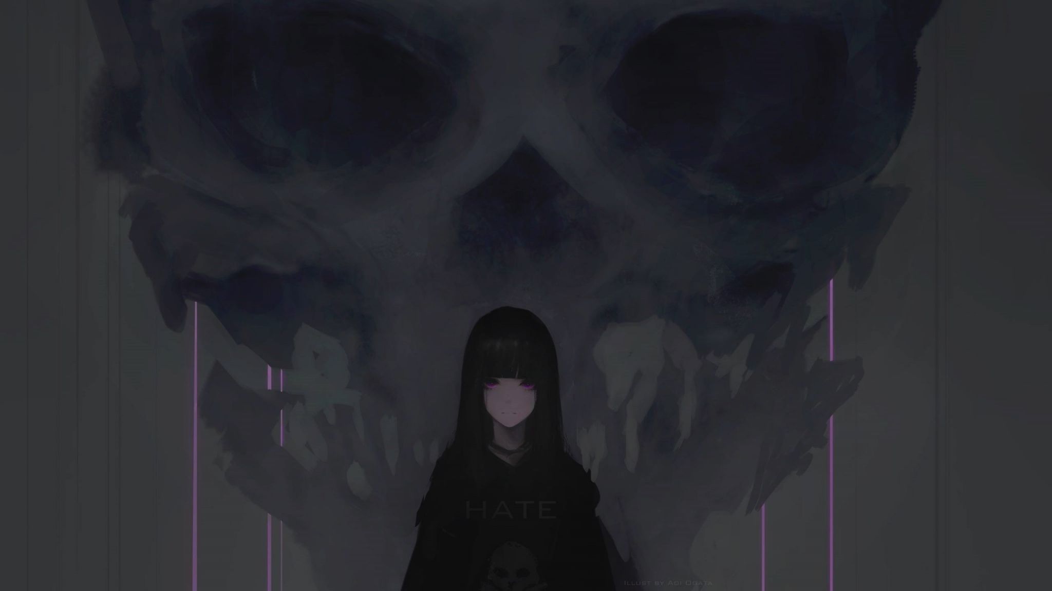 Anime girl purple eyes dark skull wallpaper background - Wallpapers