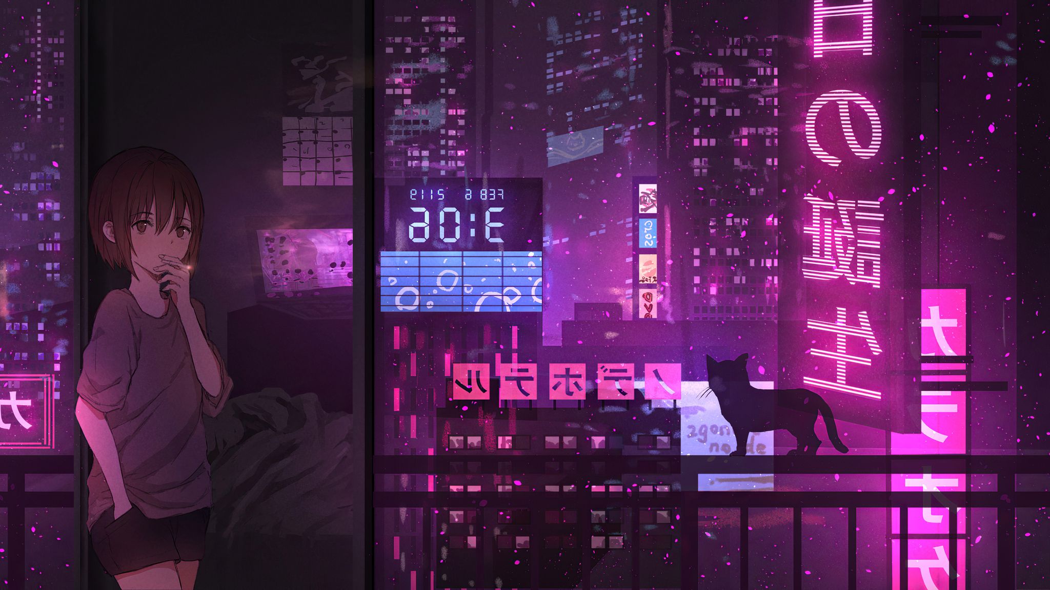 Neon Night Anime Girl Cat 2048x1152 Resolution HD 4k Wallpaper, Image, Background, Photo and Picture