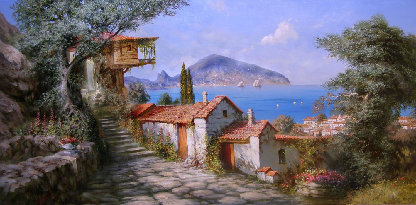 Miliukov Alexander Sun Gurzuf Crimea sea sail cabins mountain flowers happiness summer wood painting art beauty heaven wallpaperx1489