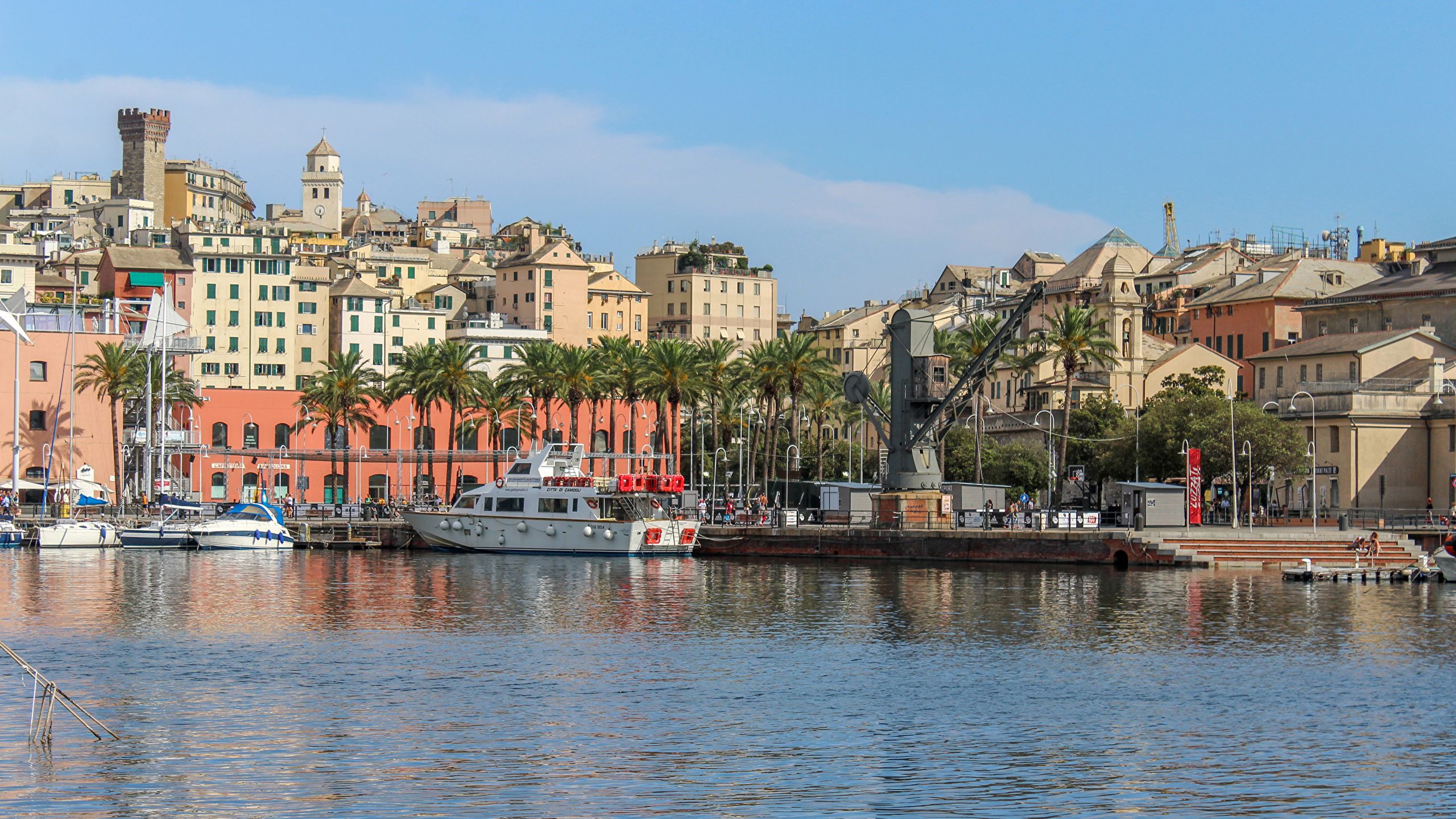 Photo Italy Genova Riverboat Berth Rivers Houses Cities 2560x1440