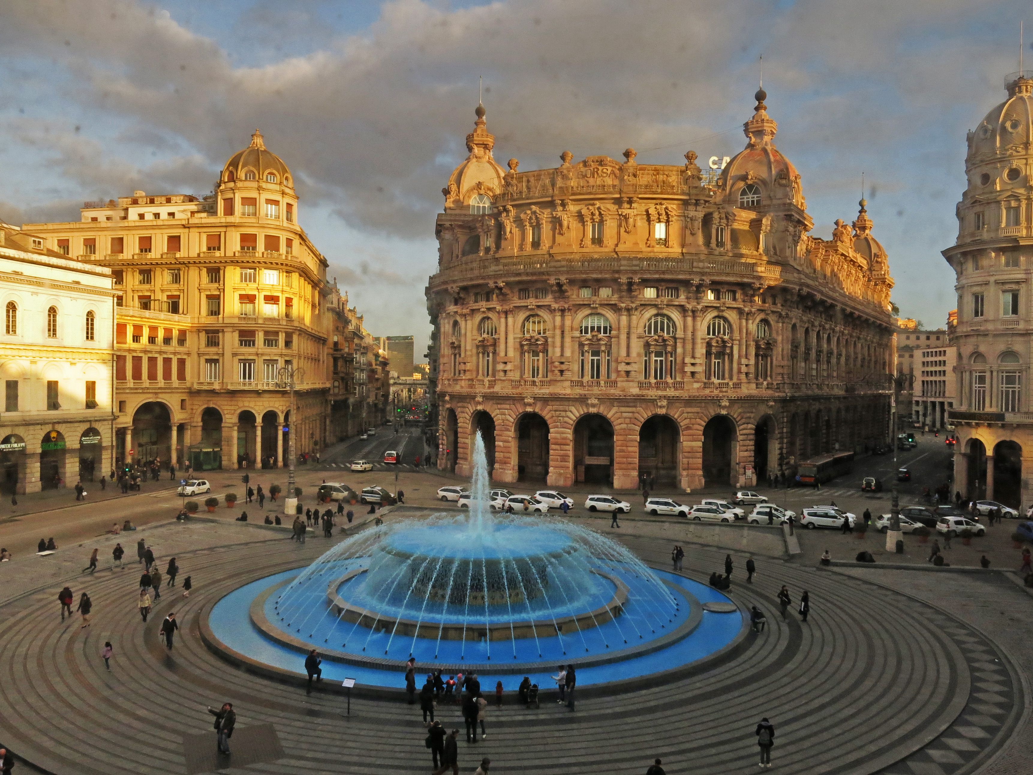 Wallpaper, city, cityscape, sky, blue, town square, cathedral, metropolis, dome, palace, Blu, Genova, cielo, basilica, plaza, landmark, piazza, ancient history, human settlement, water feature, ancient rome, genoa, piazzadeferrari 3445x2584