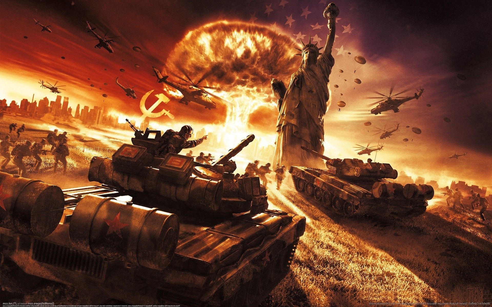 world in conflict video games soviet army soviet union ussr statue statue of liberty aircraft military aircraft helicopters war explosion nuclear soldier world war iii wallpaper