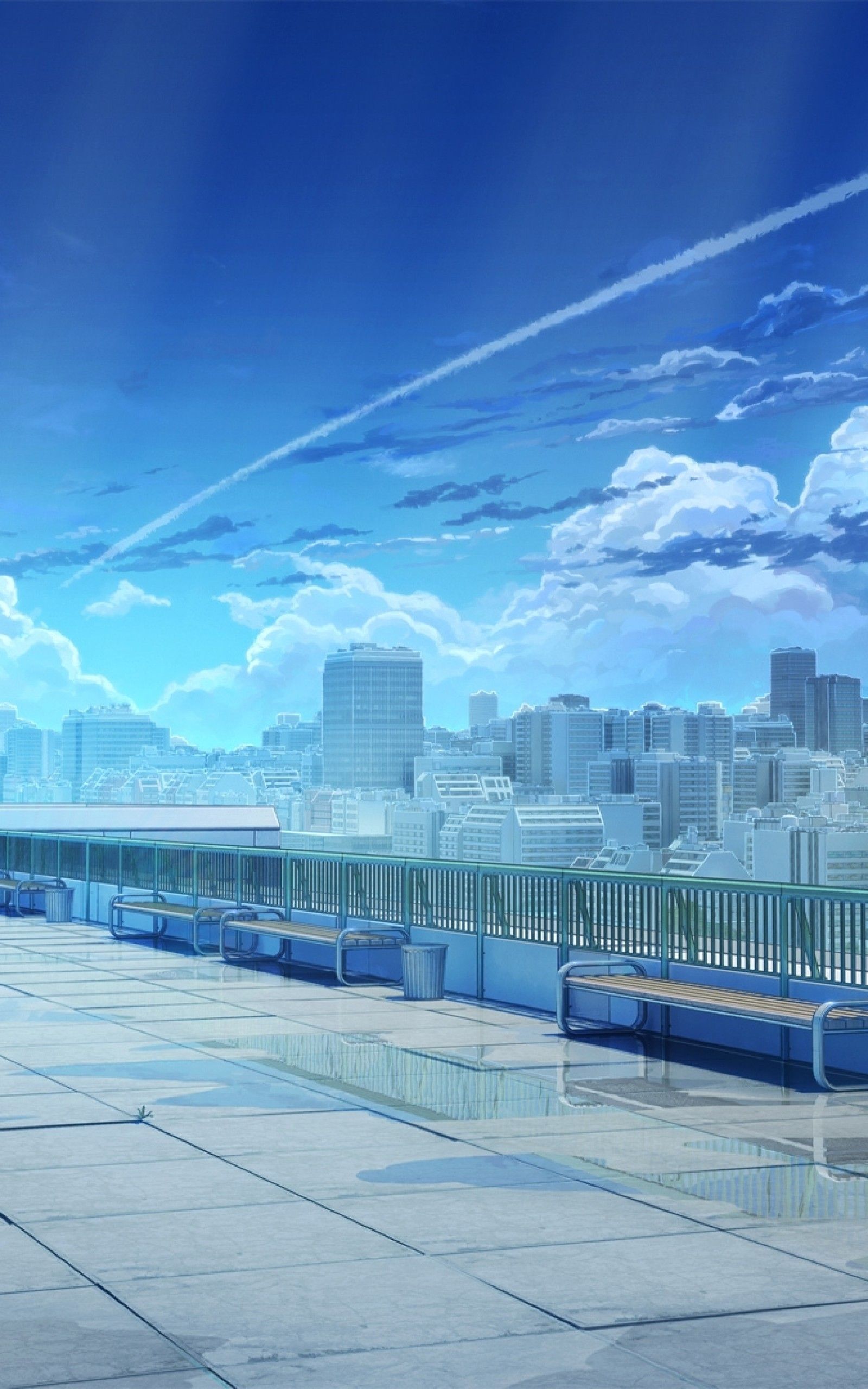Download 1600x2560 Anime Landscape, School, Rooftop, Sky, Clouds, Cityscape, Buildings, Artwork, ＃DATVIEWTHO Wallpaper for Google Nexus 10