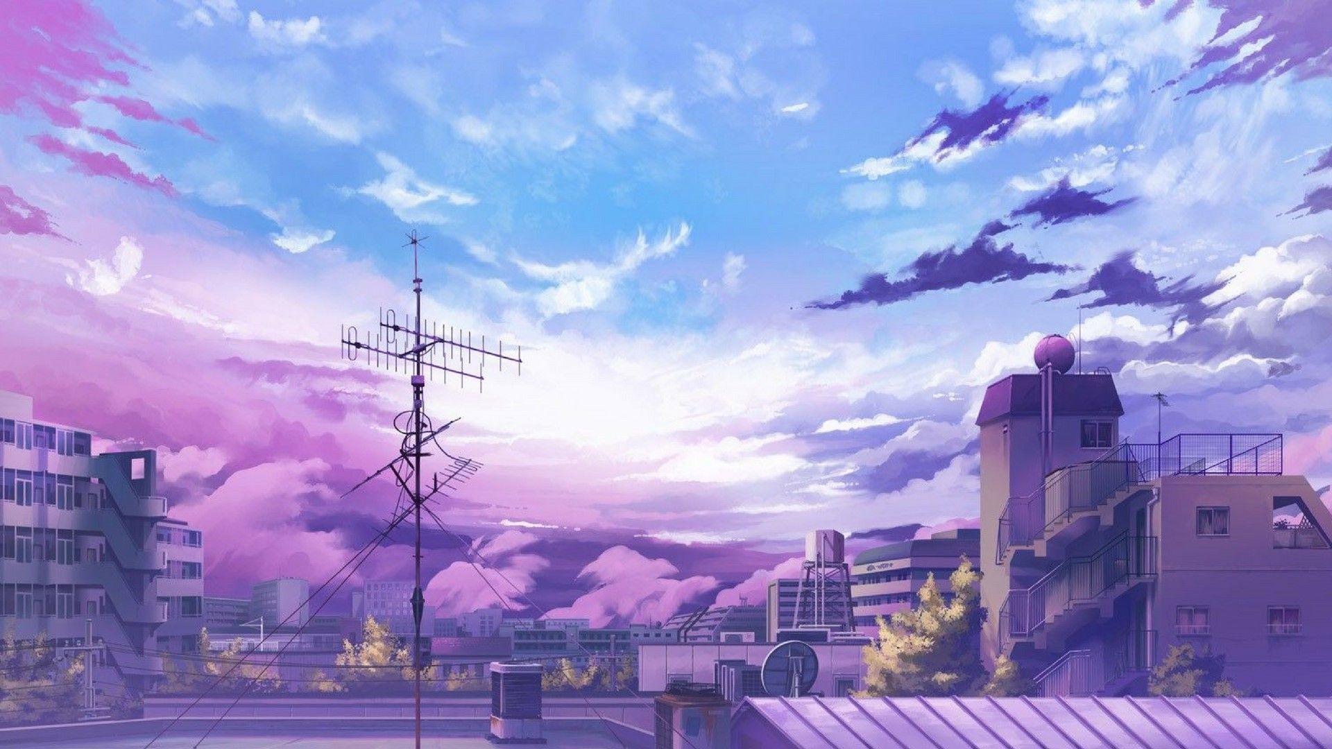 Wallpaper / anime, city, cityscape, sky, purple, rooftops