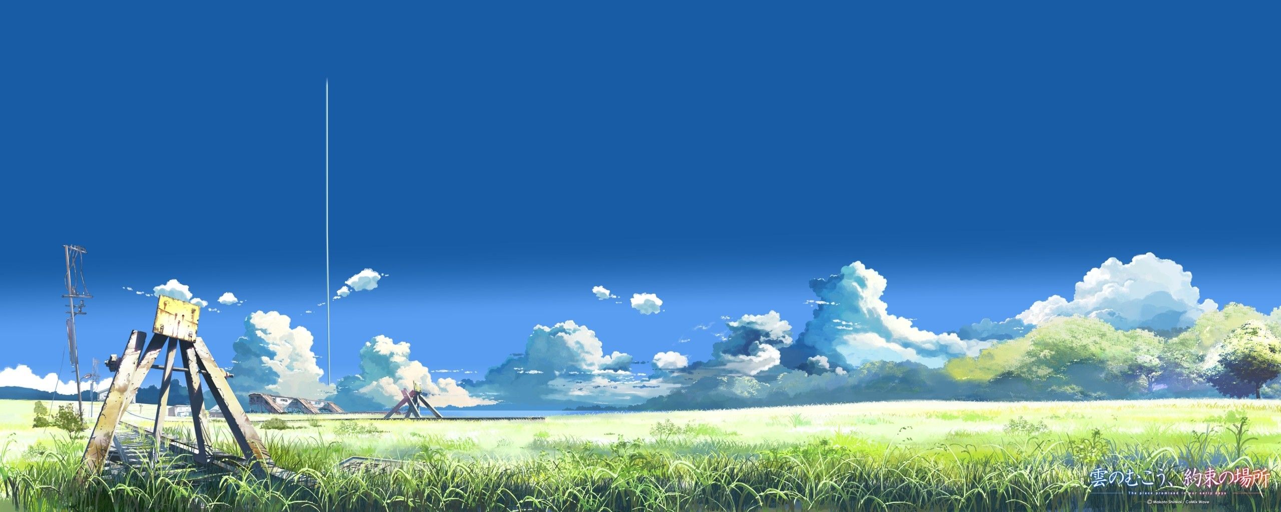 Wallpaper, landscape, anime, sky, field, clouds, wind, horizon, Makoto Shinkai, The Place Promised In Our Early Days, contrails, flower, grassland, meadow, mountain range, grass family 2560x1024