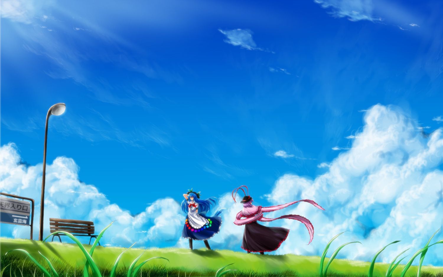 2girls blue_hair bow clouds dress grass hat hinanawi_tenshi landscape leaves long_hair na. Anime scenery wallpaper, Landscape picture, Digital painting landscape