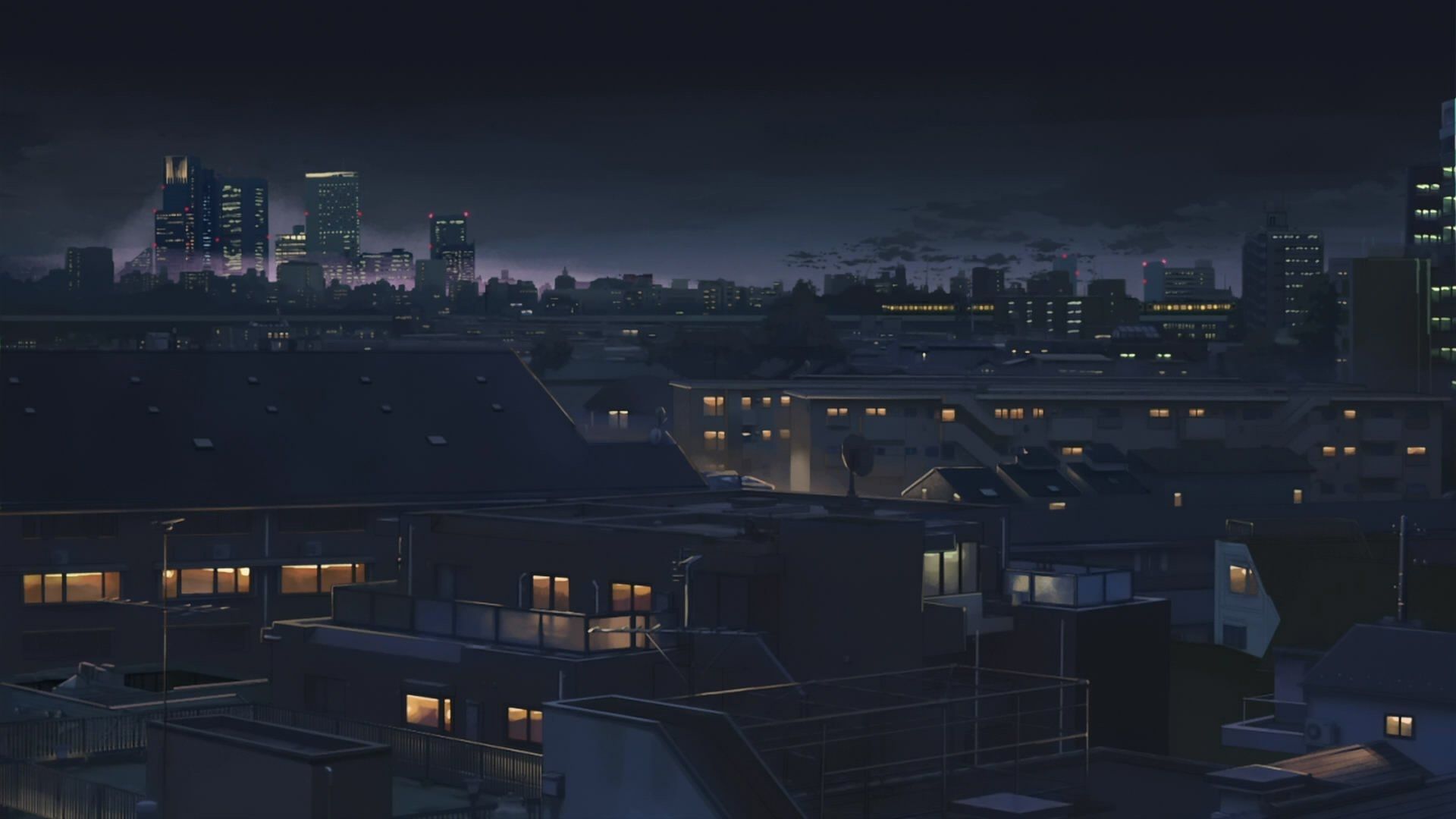 Anime Rooftops Building Night Wallpaper