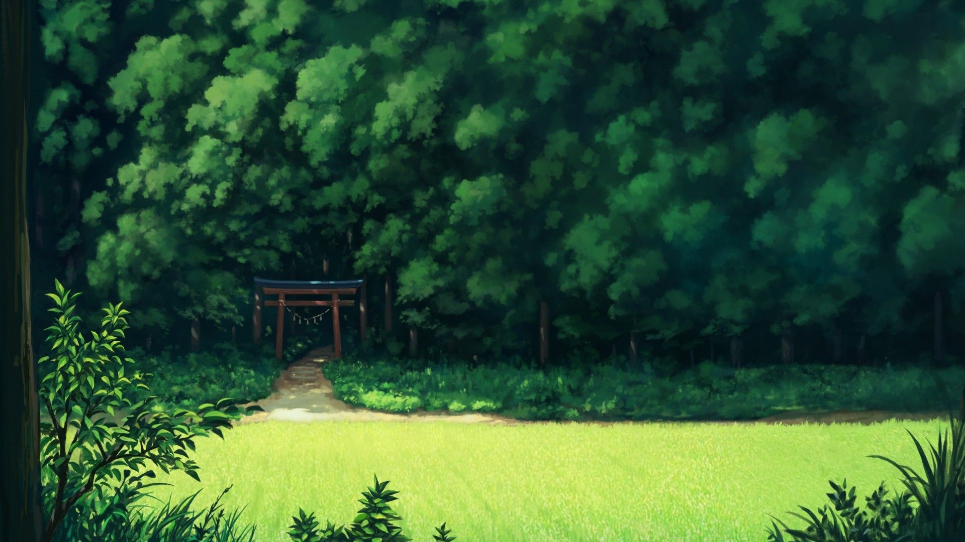 Download 1920x1080 Anime Landscape, Forest, Trees, Grass, Path, Scenic Wallpaper for Widescreen