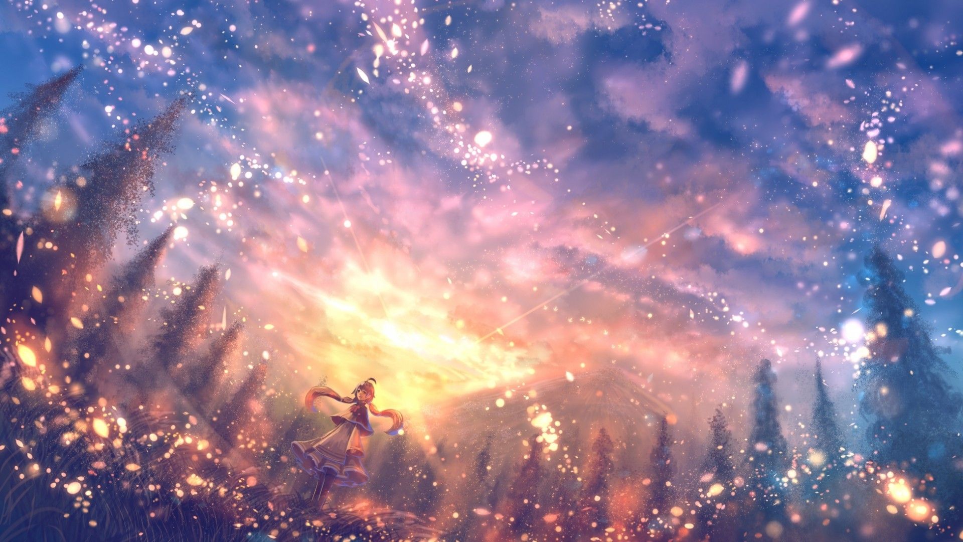 Anime Landscape, Particles, Scenic, Pretty, Beautiful, Anime Landscape HD Wallpaper