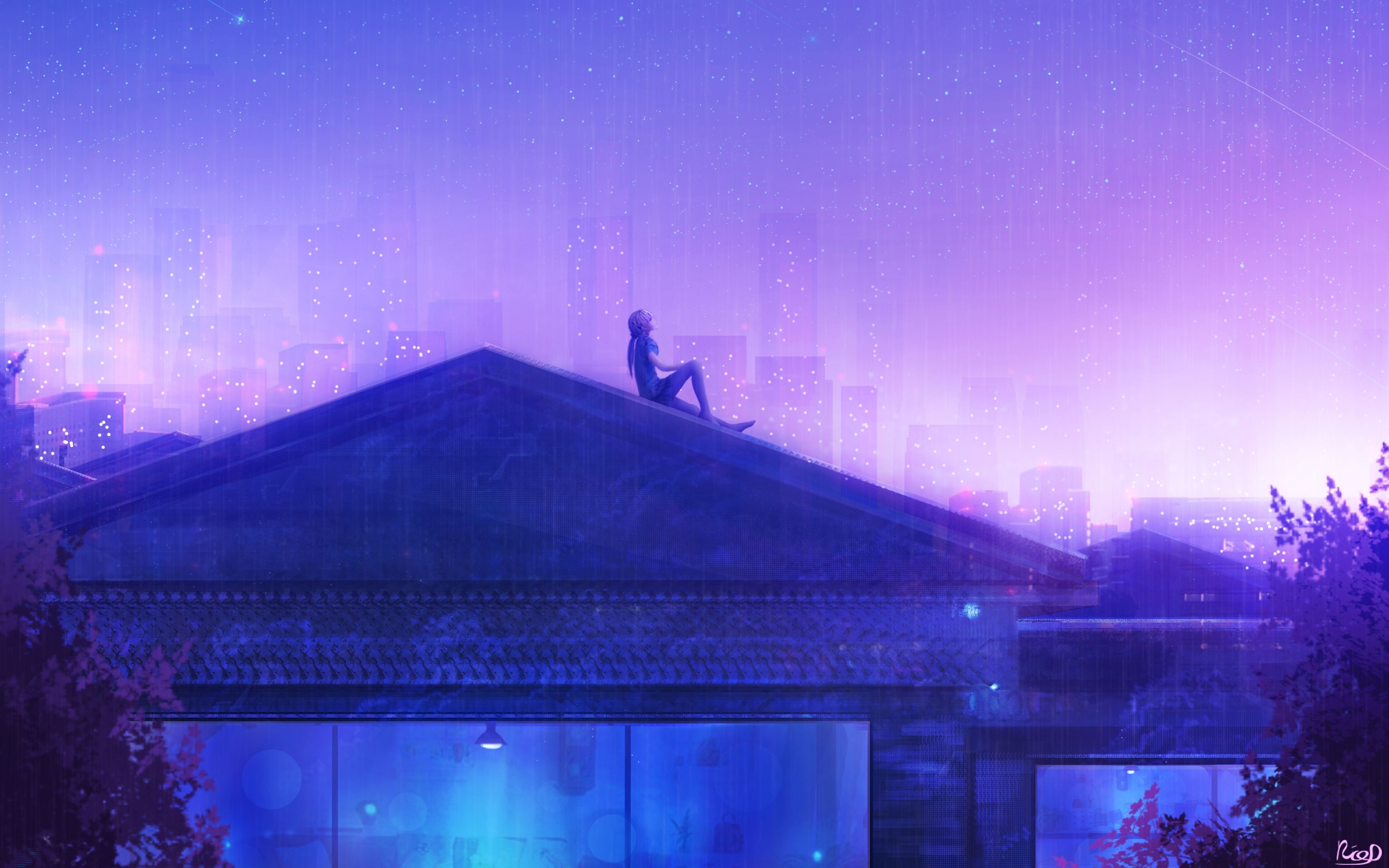 Download 3840x2400 Anime Girl, Rooftop, Stars, Raining, Buildings, Purple Sky, Scenic Wallpaper