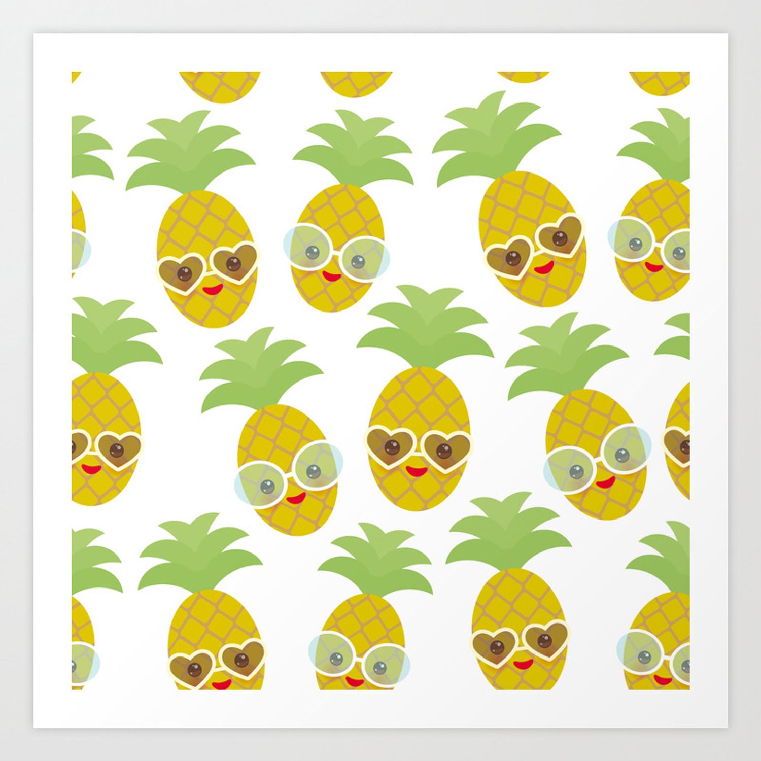funny kawaii exotic fruit pineapple with sunglasses on white background Art Print