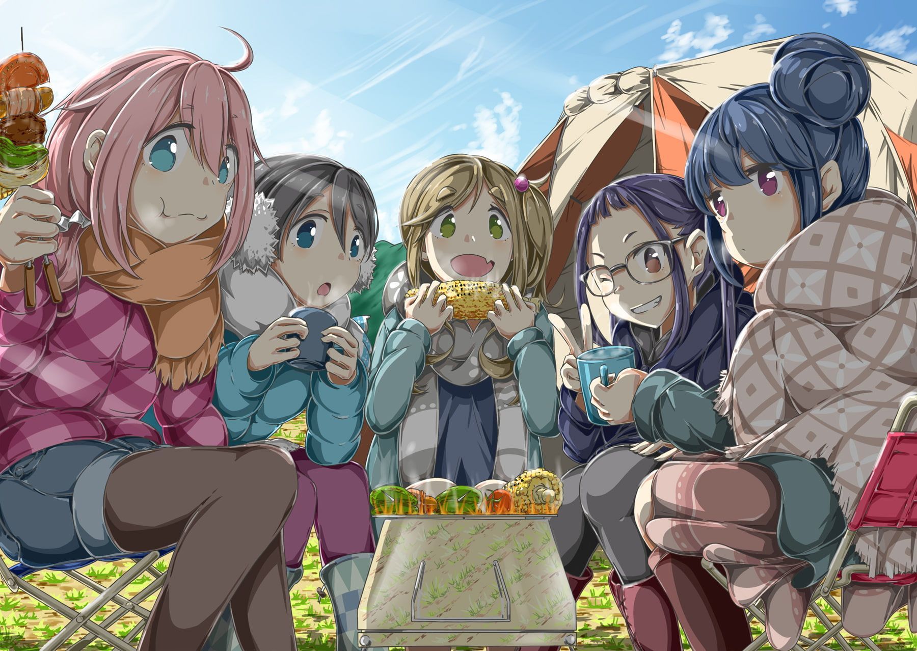 Yuru Camp #anime anime girls eating anime girls Rin Shima Nadeshiko Kagamihara Chiaki Oogaki Aoi Inuyama P #wallpaper. Yuru camp, Anime, Cute anime character