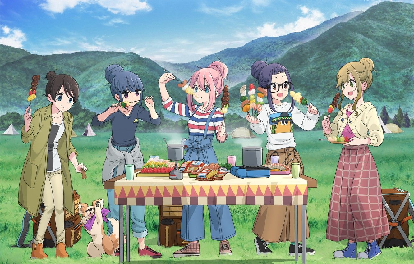 Wallpaper mountains, glasses, fun, friend, nature, doggie, in the campaign, kebabs, traveler, Go camp, by Tomoyasu Kurashime, Girly camping, Aoi Inuyama, Ena Saitou, Nadeshiko Kagamihara, Rin Shima image for desktop, section сёнэн