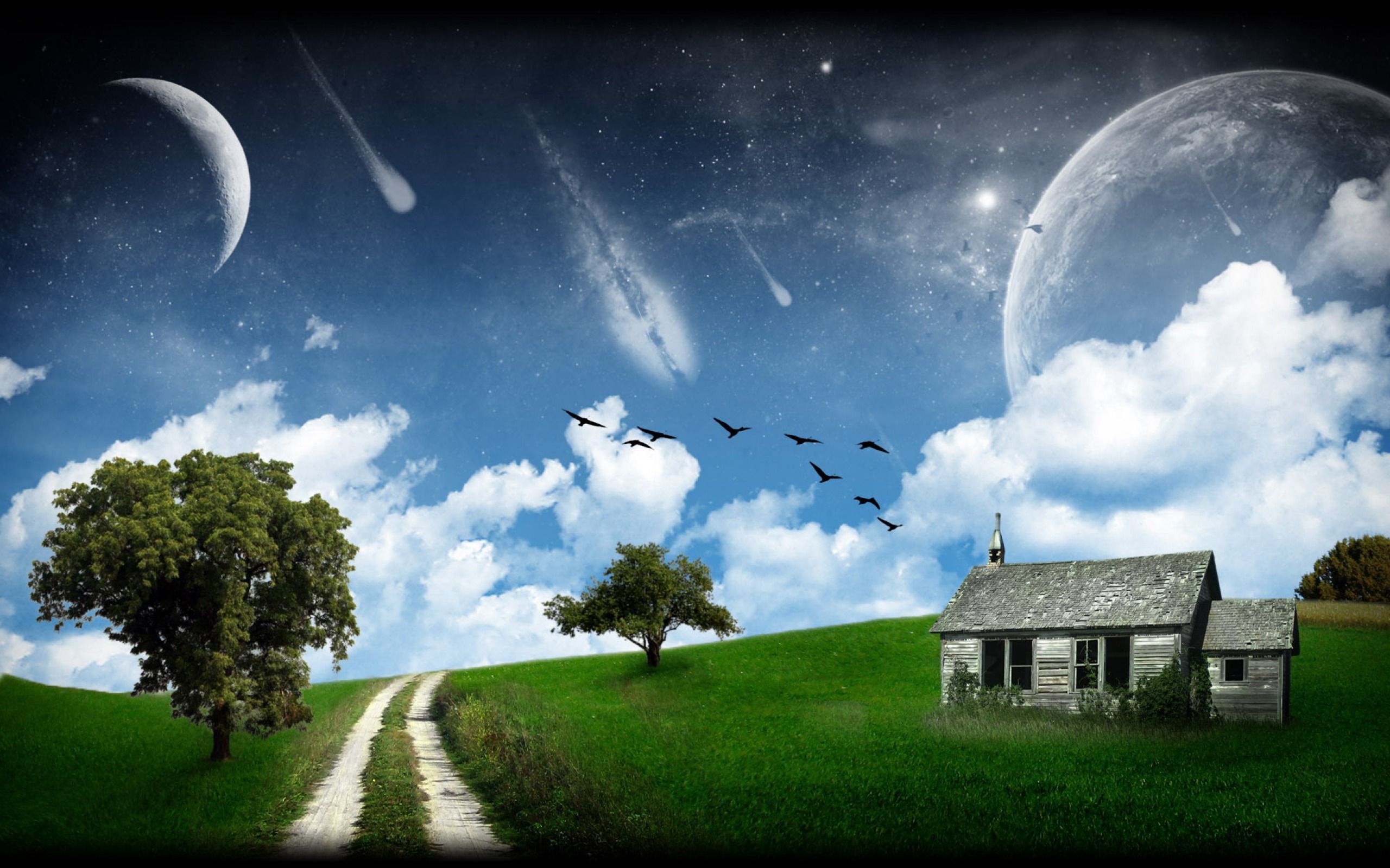Beautiful Fantasy Scenery House Earth Moon Blue Sky 43 Inch Smart Tv HD Wallpaper