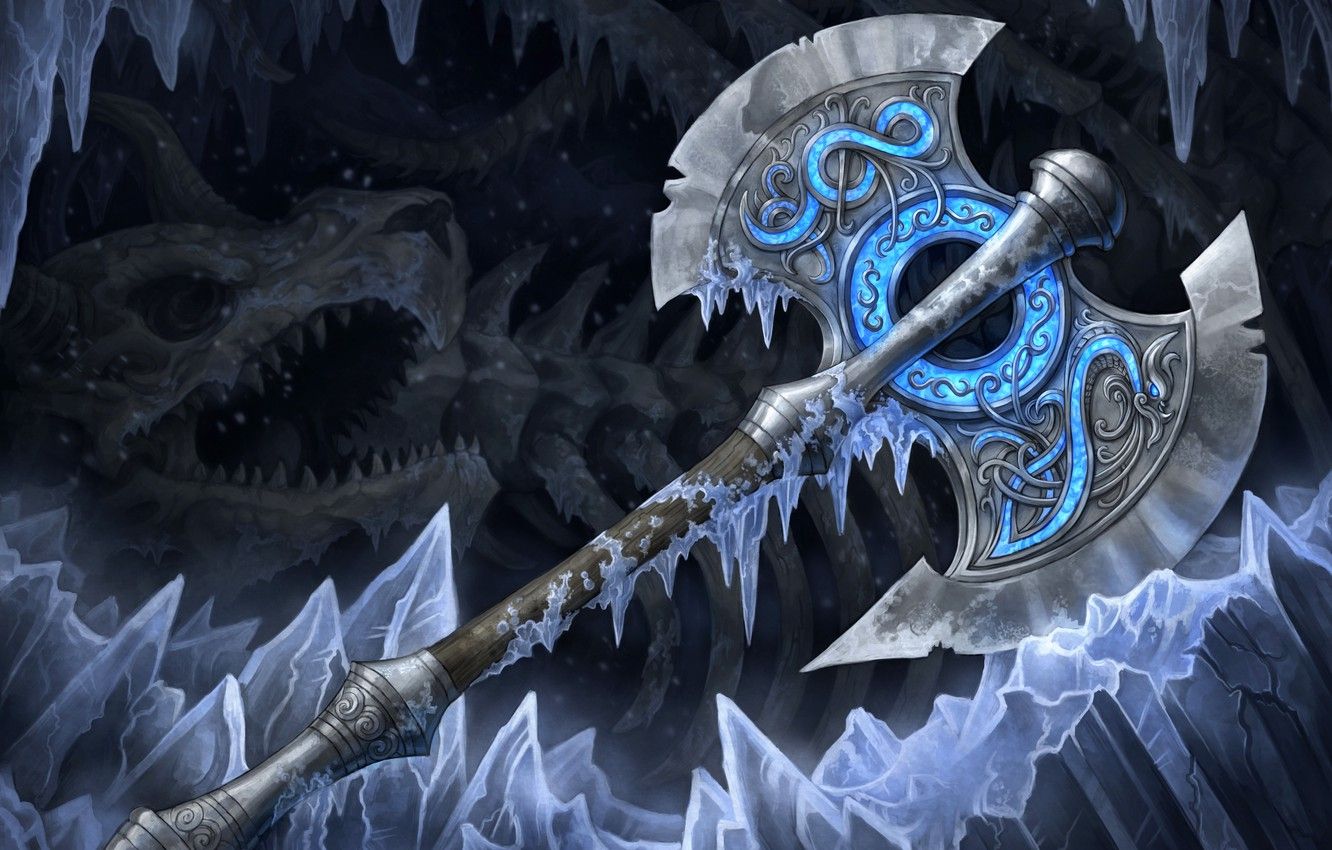 Wallpaper cold, ice, weapons, art, bones, cave, axe, axe image for desktop, section фантастика