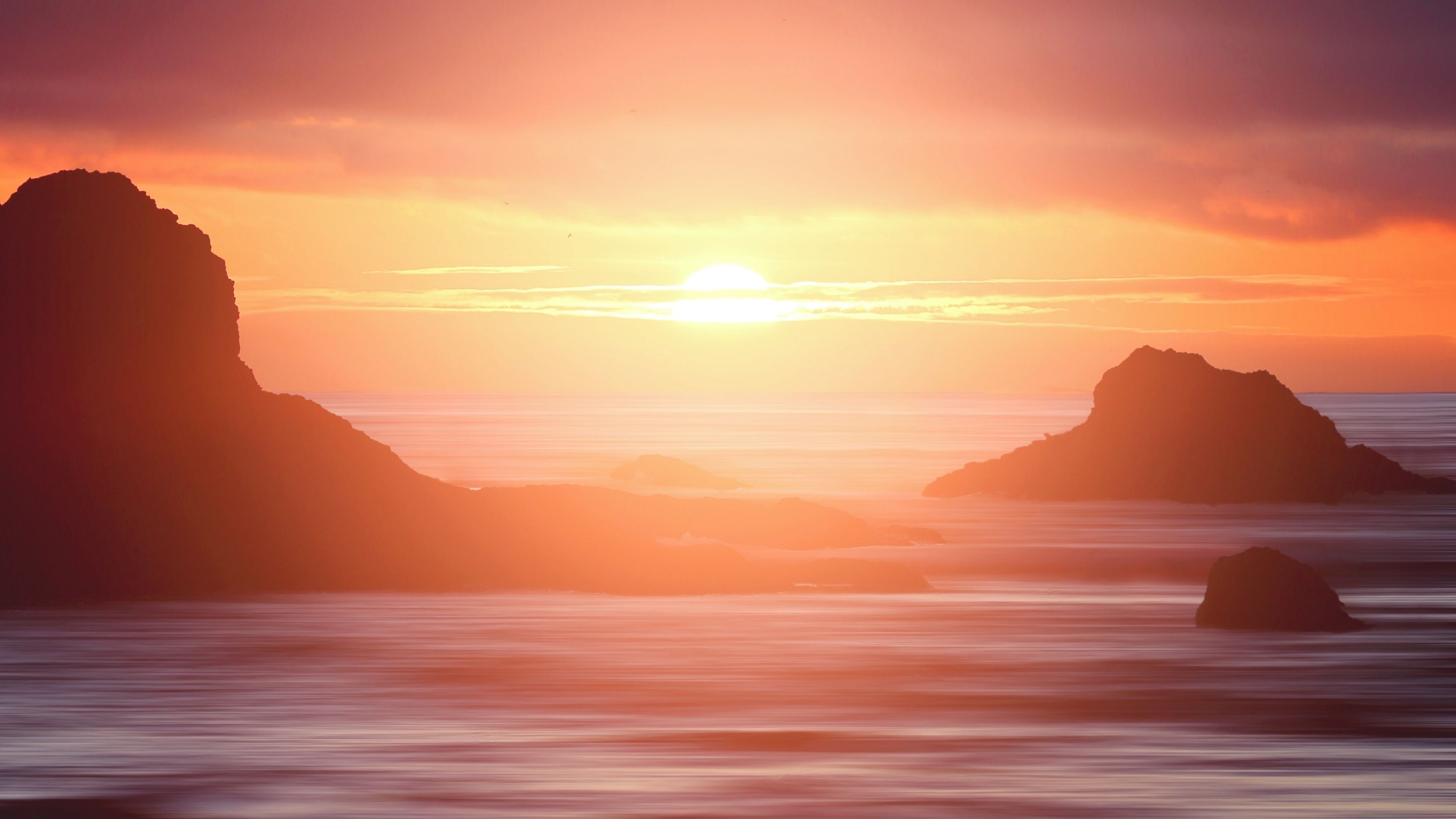 Beach Wallpaper 4K, Sunset, Sunlight, Rocks, Long exposure, Nature