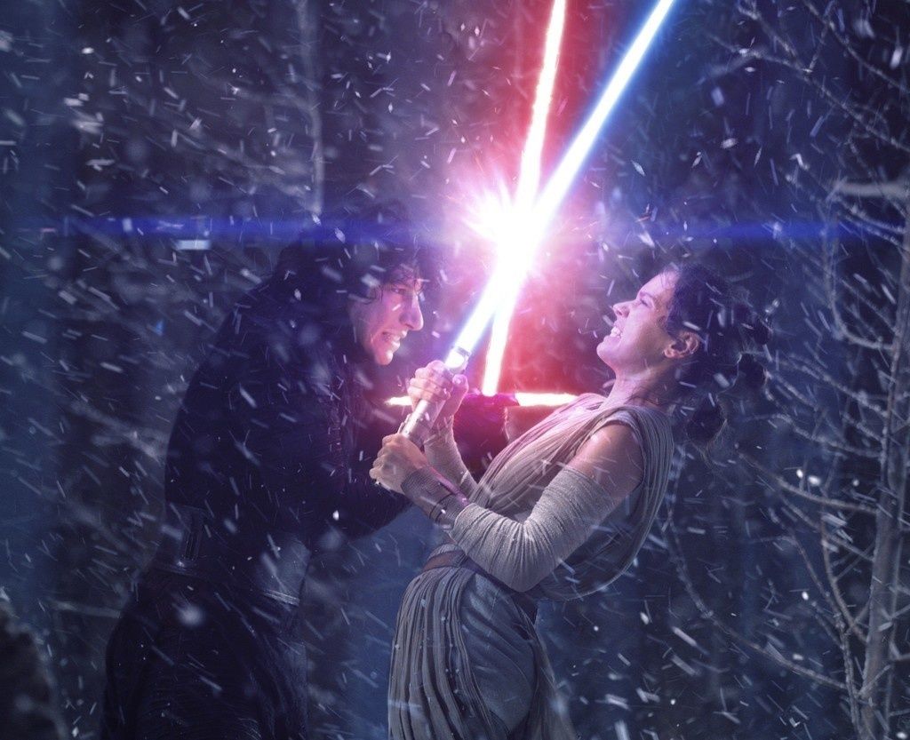 Rey and kylo ren, fighting with lightsaber, star wars, movie wallpaper. The force star wars, Star wars facts, Star wars
