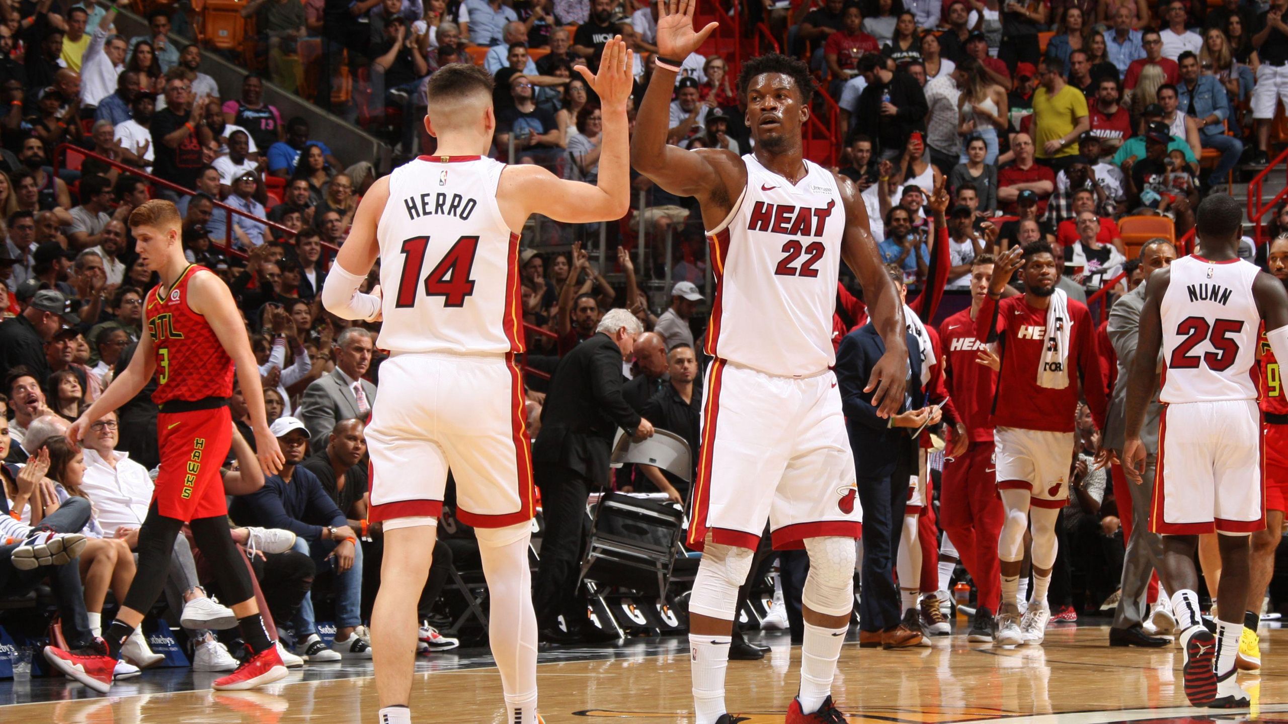 Tyler Herro Is Giving High Five To Another Player Wearing White Sports Dress Basketball HD Sports Wallpaper