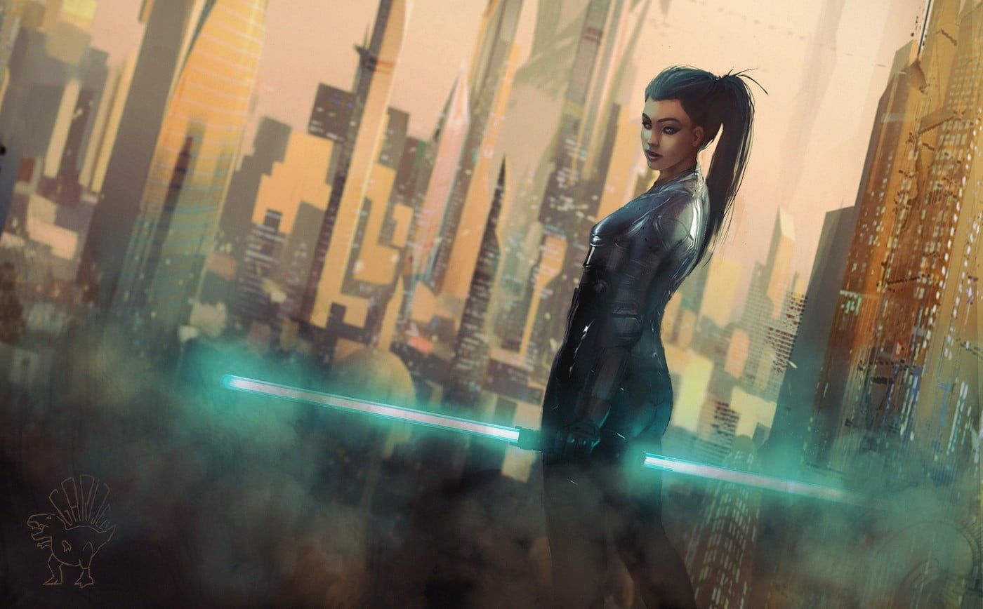 woman holding weapon wallpaper #artwork concept art digital art Star Wars # women #city #futuristic #lightsab. Star wars gifts, Concept art digital, Star wars ring