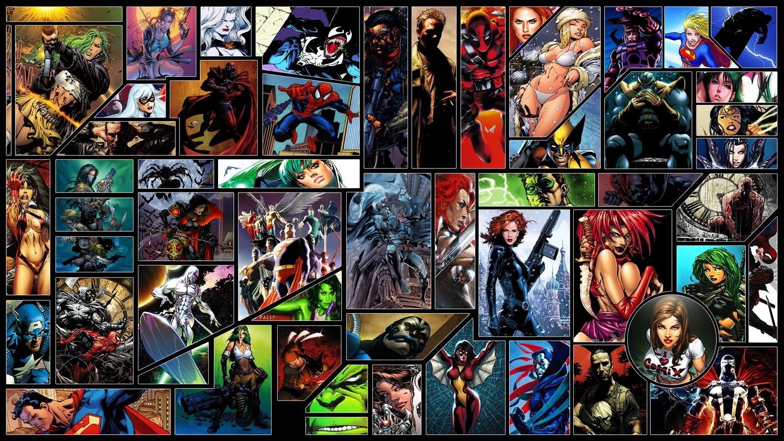 Wallpaper, window, collage, Batman, Wolverine, glass, Marvel Comics, DC Comics, Spider Man, Black Widow, comics, Daredevil, Spawn, Silver Surfer, Spider Woman, comic book, fiction, photomontage 1600x900
