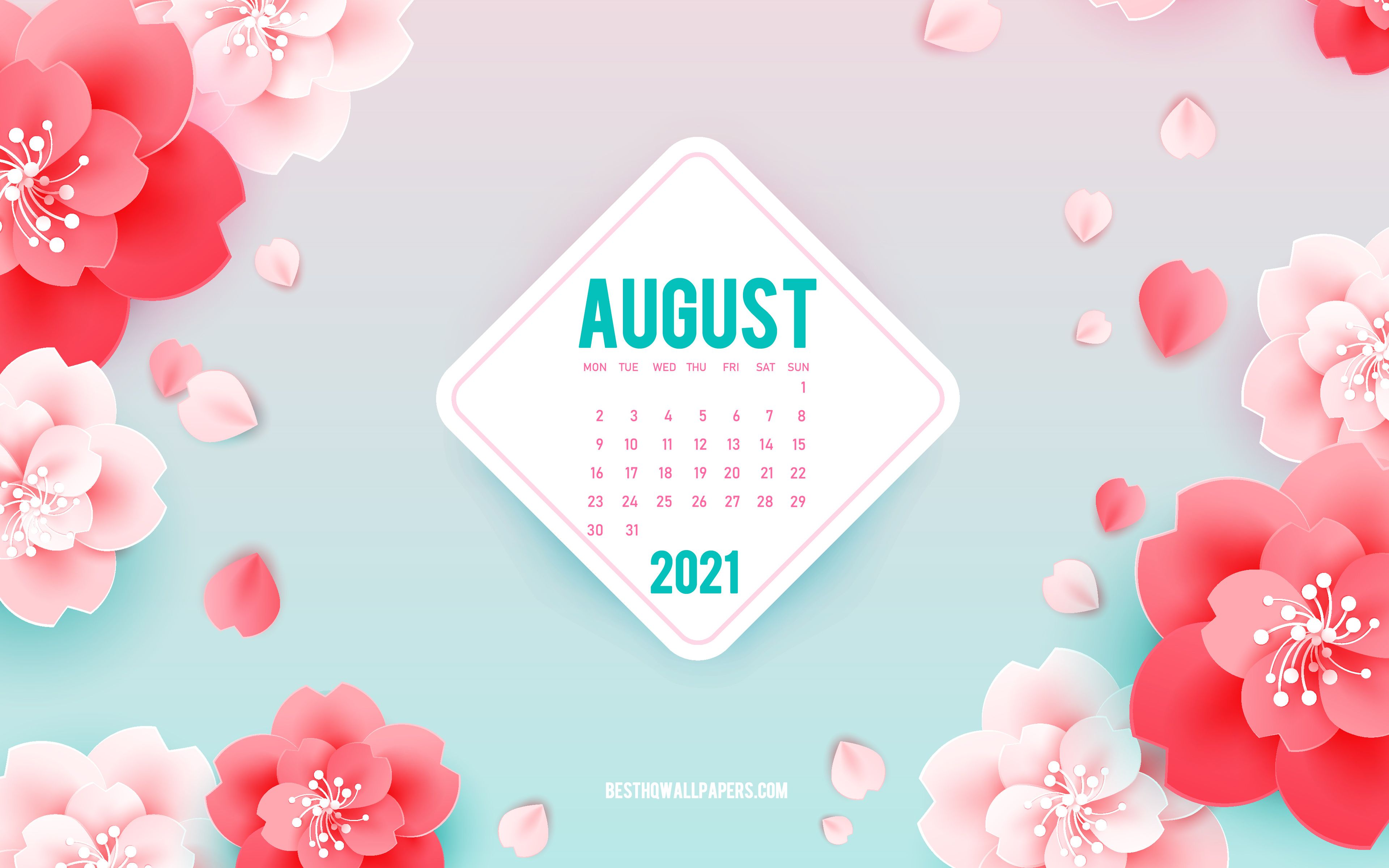 Download wallpapers 2021 August Calendar, 4k, pink flowers, spring art, August, 2021 summer calendars, summer backgrounds with flowers, August 2021 Calendar, paper flowers for desktop with resolution 3840x2400. High Quality HD pictures wallpapers