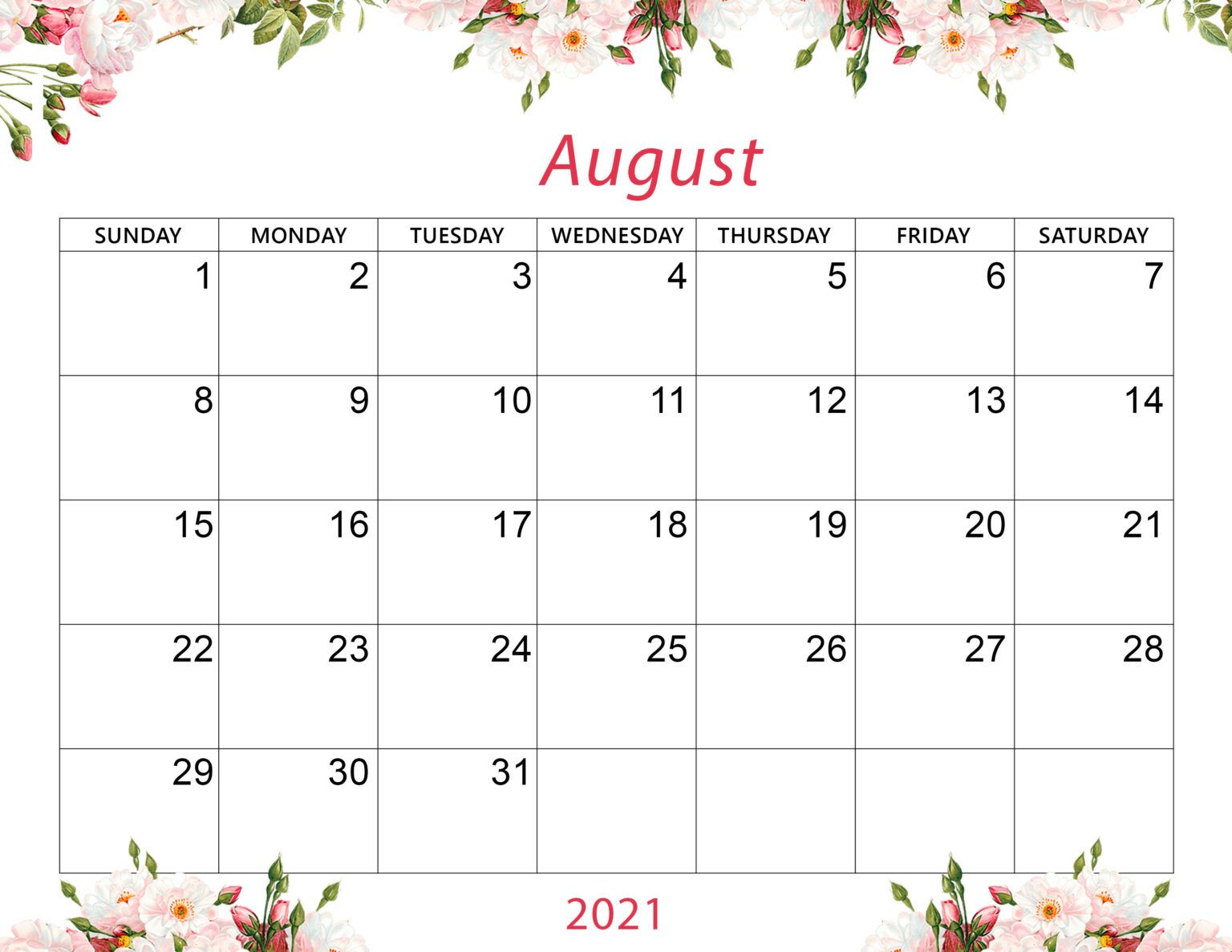 Free Cute August 2021 Calendar