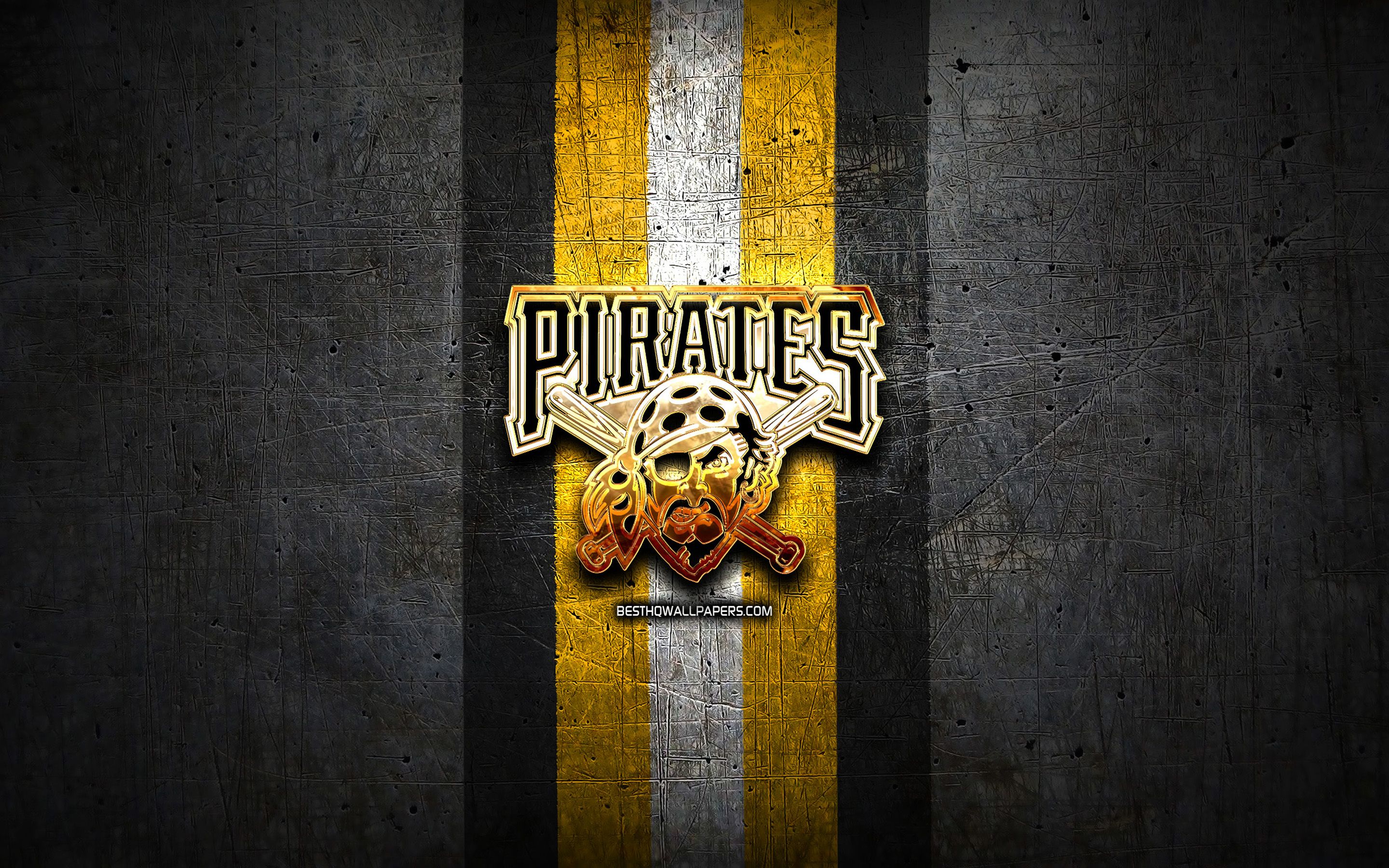 Download wallpaper Pittsburgh Pirates, golden logo, MLB, black metal background, american baseball team, Major League Baseball, Pittsburgh Pirates logo, baseball, USA for desktop with resolution 2880x1800. High Quality HD picture wallpaper