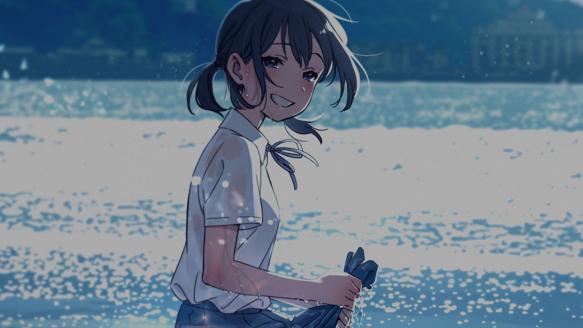 Desktop wallpaper anime girl, beautiful smile, beach, beautiful girl, HD image, picture, background, 7fcaee