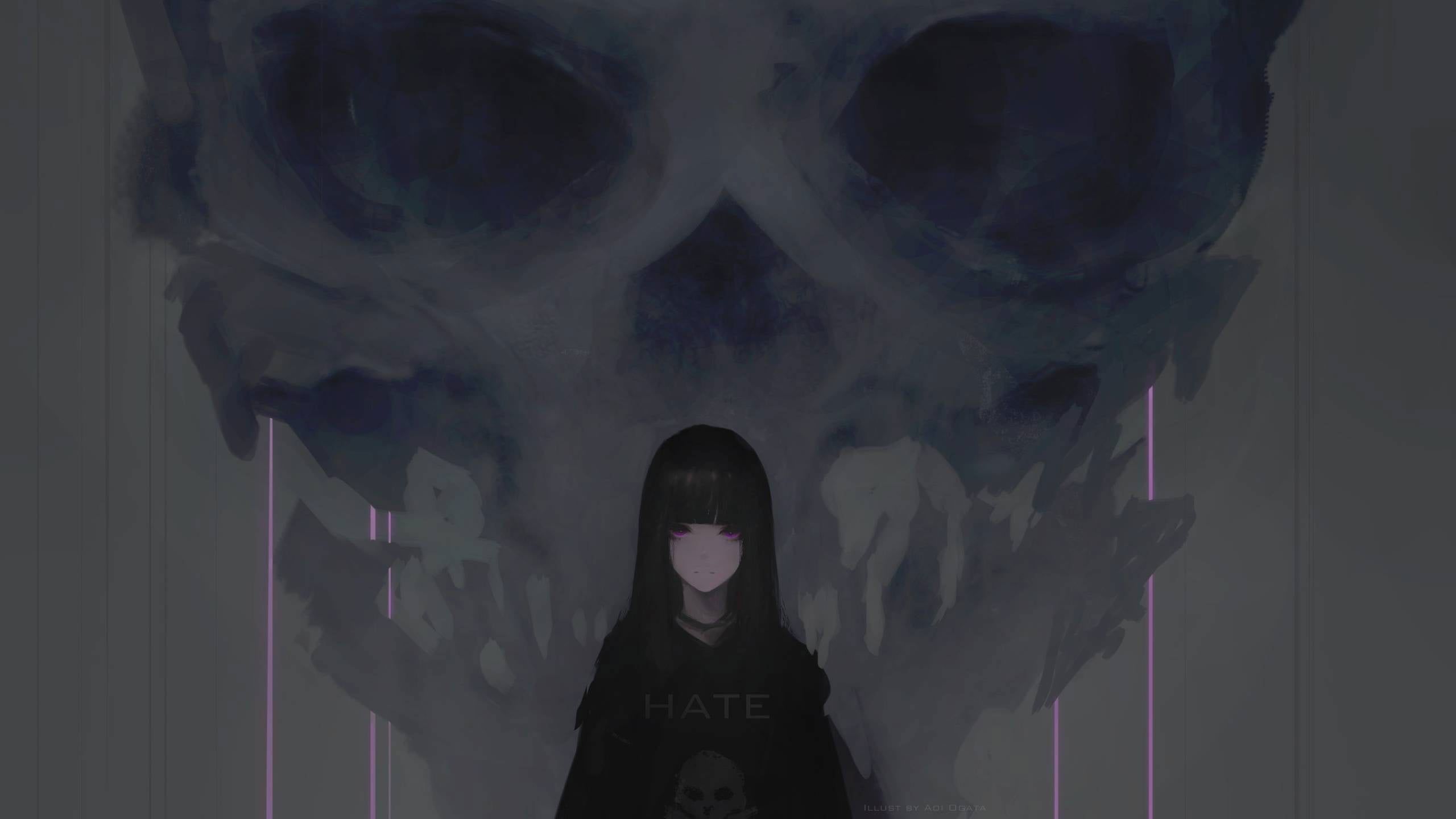 Black haired female illustration wallpaper, digital art, artwork, Aoi Ogata. Anime wallpaper, Female illustration, Purple anime wallpaper