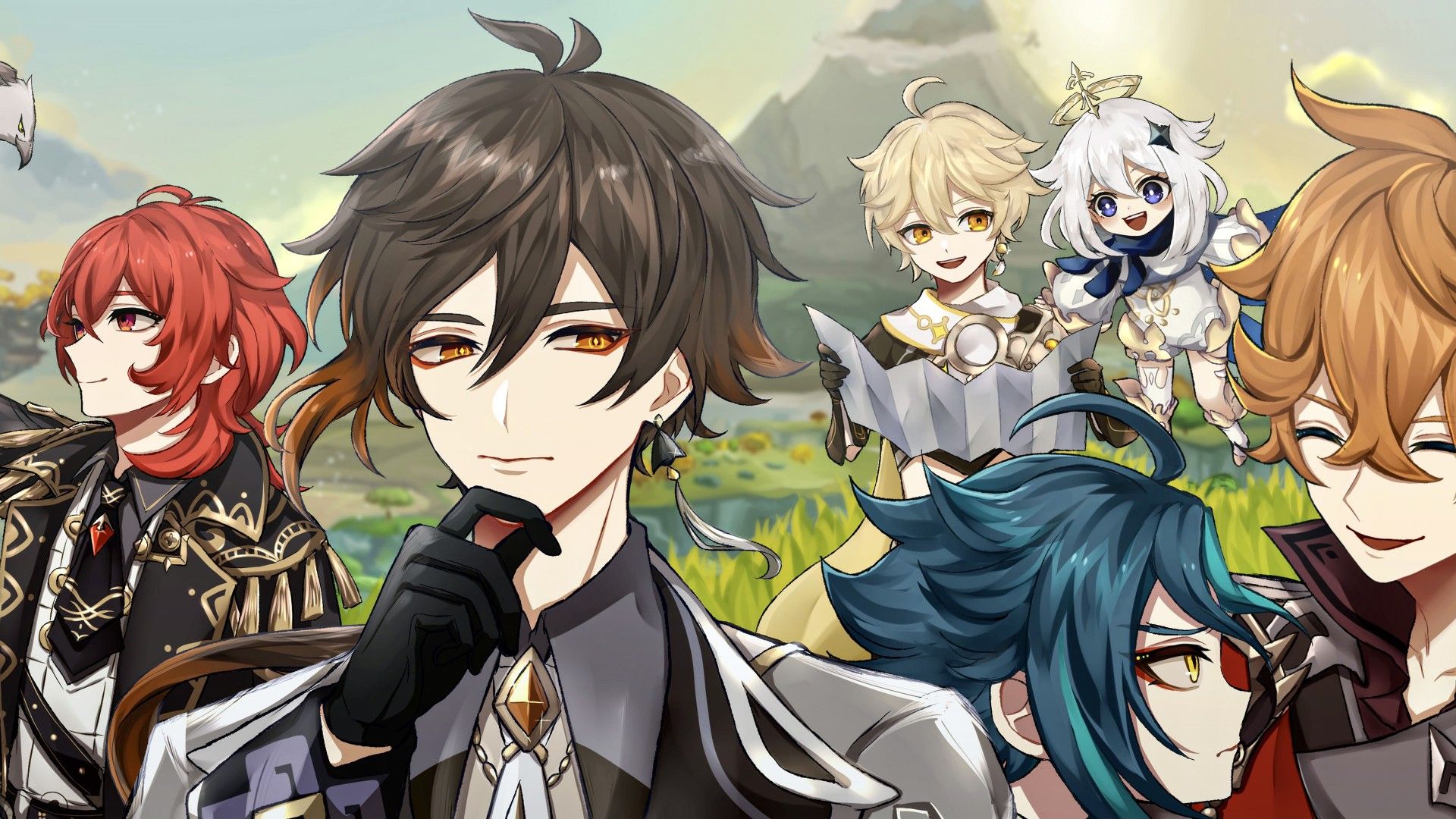 Aether Diluc Paimon Tartaglia Xiao Zhongli 4K HD Genshin Impact Wallpaper