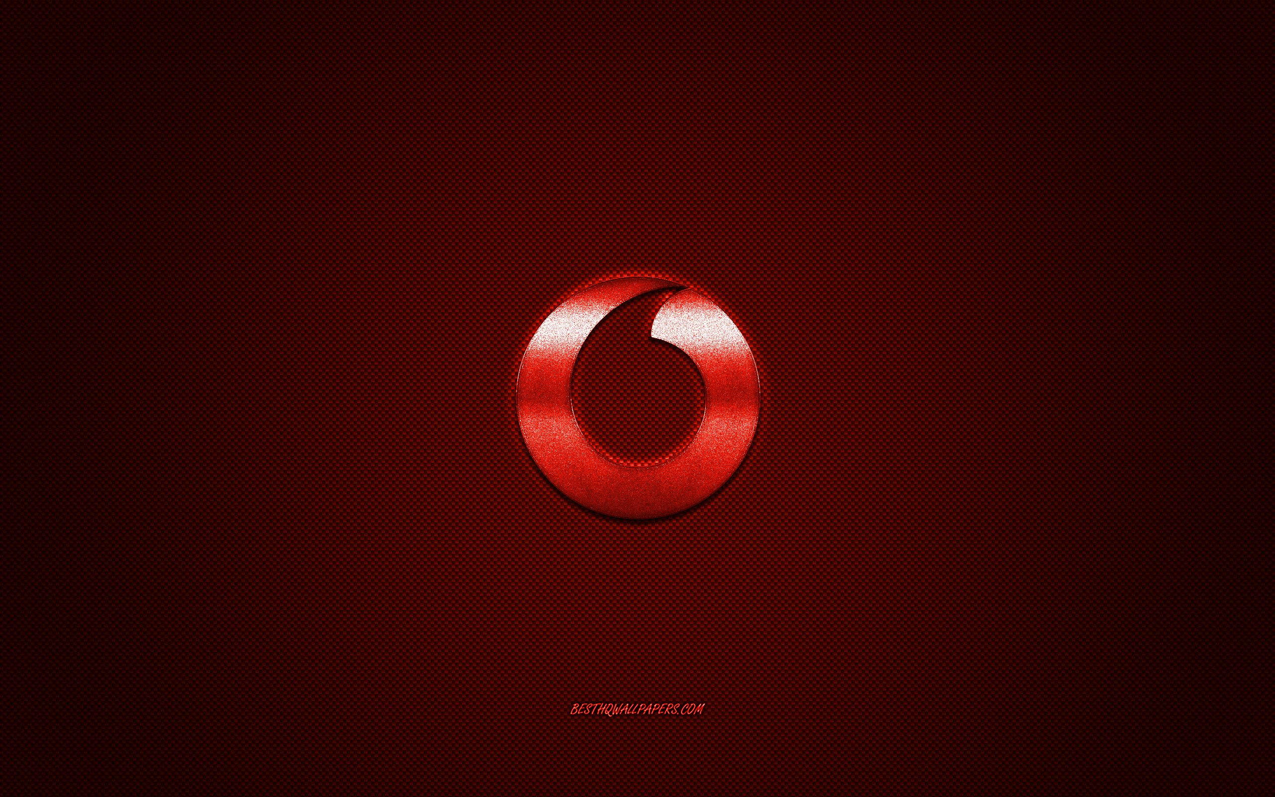 Download wallpaper Vodafone logo, red shiny logo, Vodafone metal emblem, wallpaper for Vodafone smartphones, red carbon fiber texture, Vodafone, brands, creative art for desktop with resolution 2560x1600. High Quality HD picture wallpaper