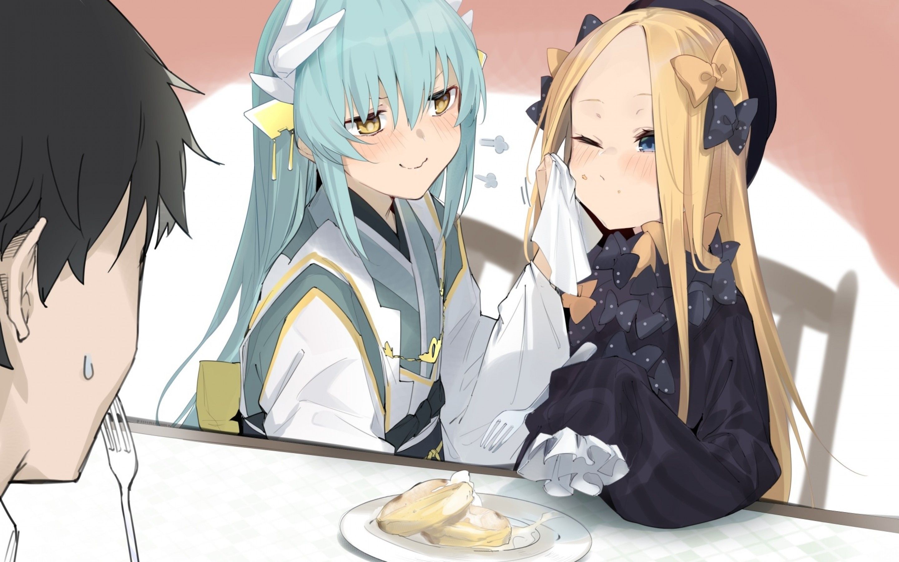 Download 2880x1800 Abigail Williams, Kiyohime, Fate Grand Order, Cute, Loli, Blonde, Eating Wallpaper for MacBook Pro 15 inch