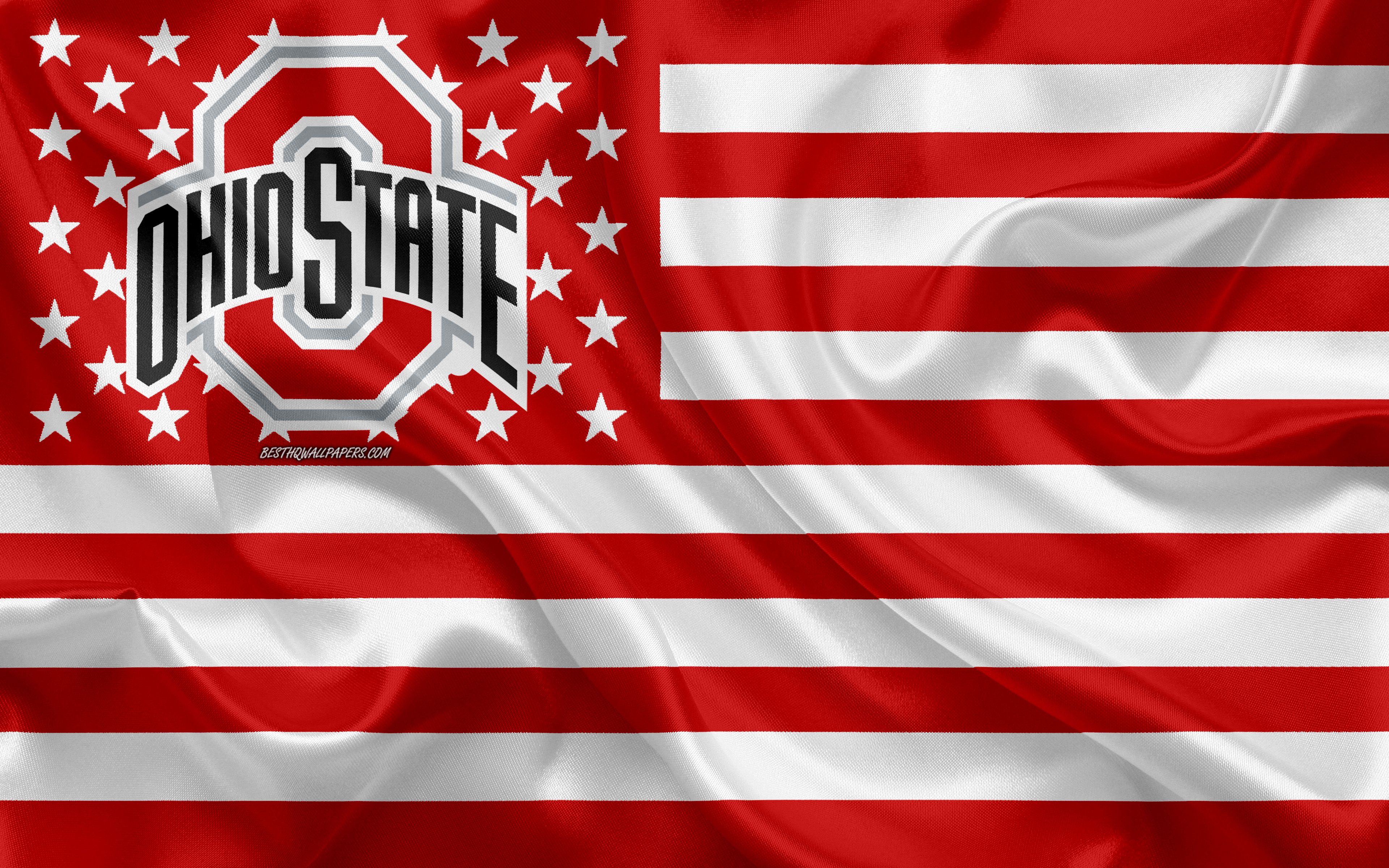 Download wallpaper Ohio State Buckeyes, American football team, creative American flag, red white flag, NCAA, Columbus, Ohio, USA, Ohio State Buckeyes logo, emblem, silk flag, American football for desktop with resolution 3840x2400