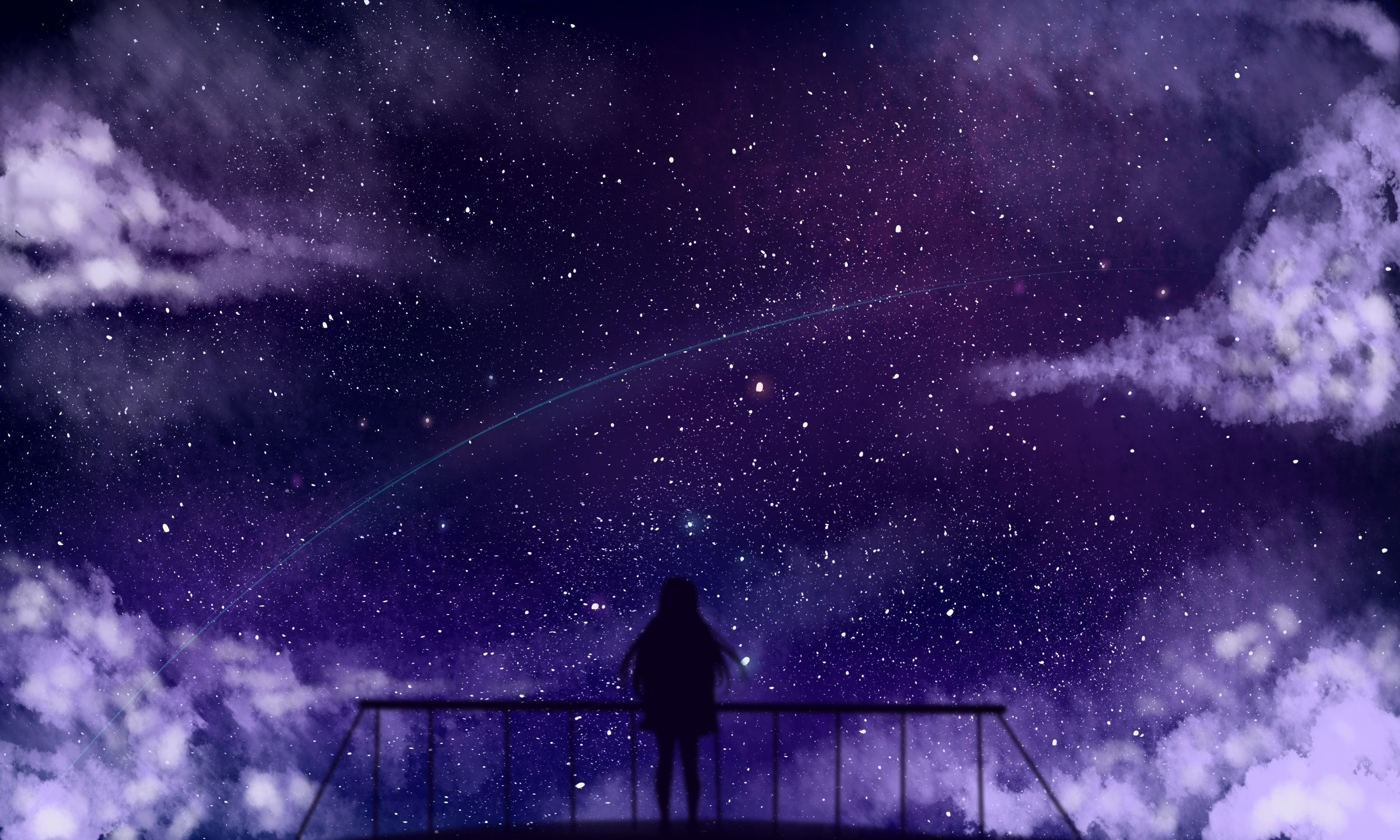 Download 2500x1500 Anime Girl, Stars, Clouds, Fence, Silhouette Wallpaper