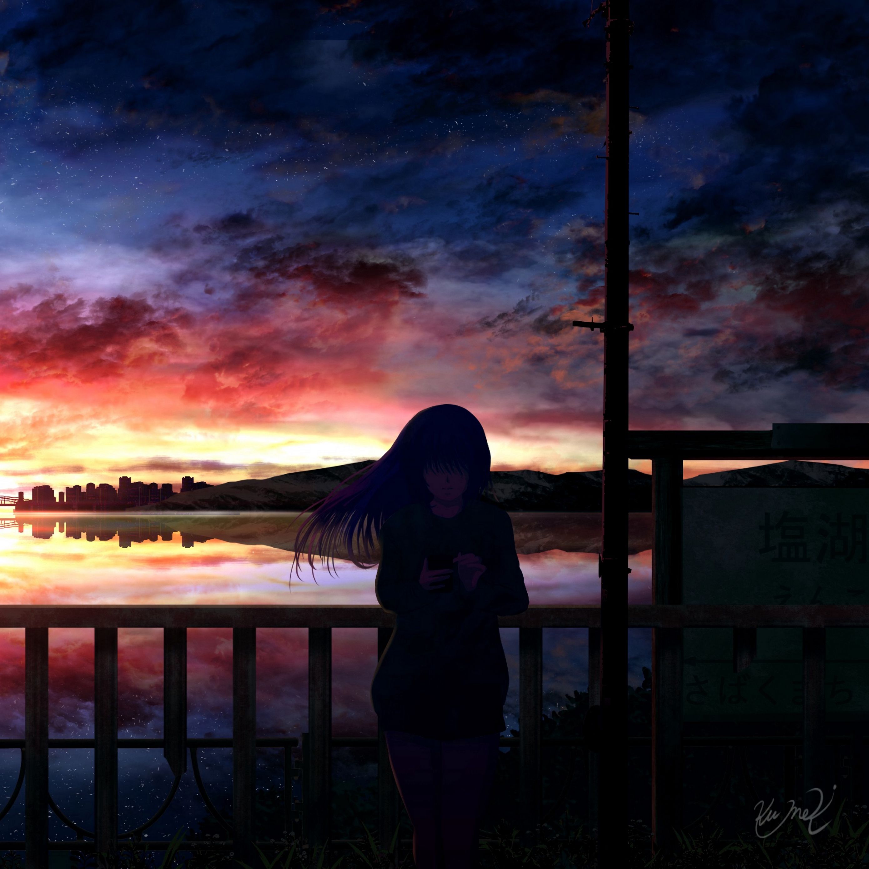 Wallpaper Silhouette, Night, Starry Sky, Girl, Anime