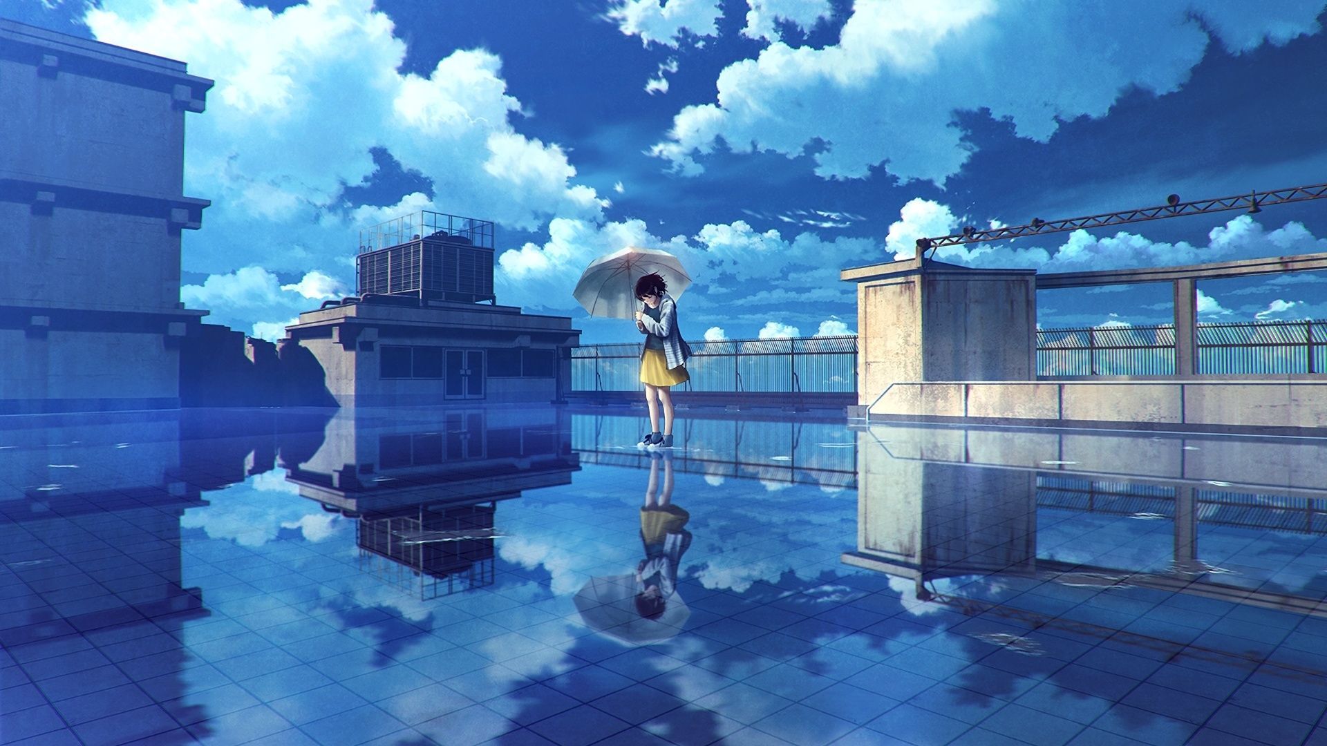 Desktop wallpaper water, reflections, anime girl, clouds, original, HD image, picture, background, 01bdd4