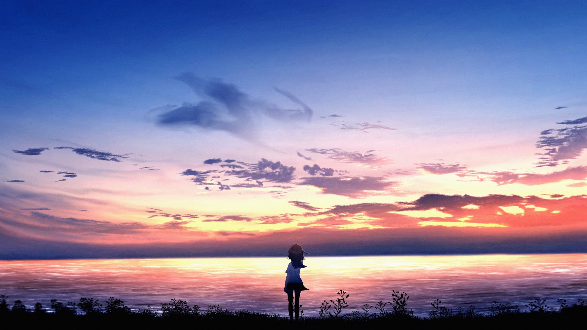 Wallpaper Anime, Girl, Silhouette, Sea, Horizon