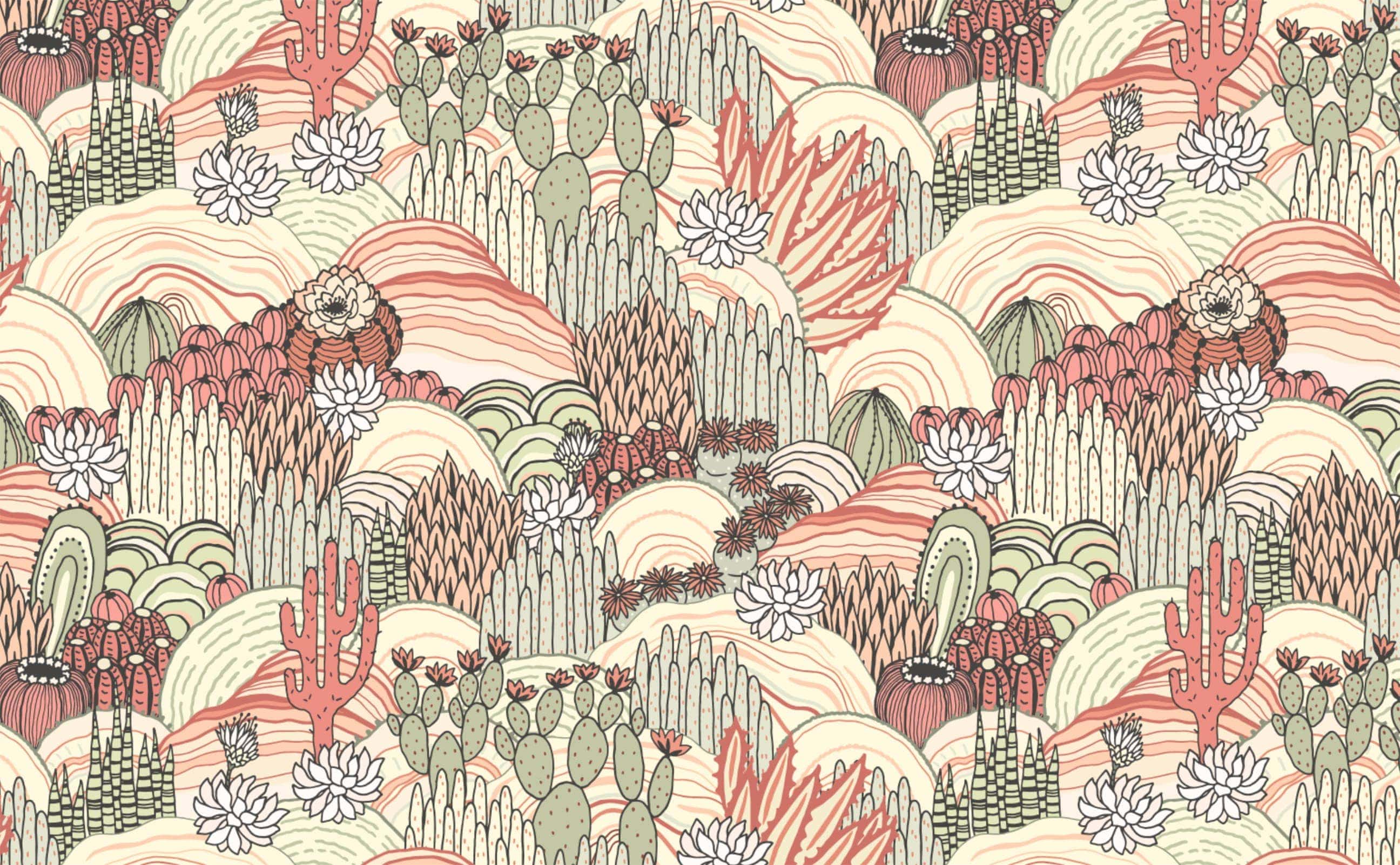 Rose and sage tone illustrated desert landscape cactus wallpaper