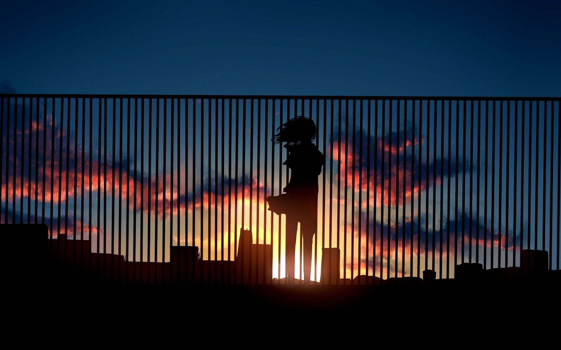 Wallpaper Fence, Sky, Scenic, Anime Girl, Silhouette, Sunset