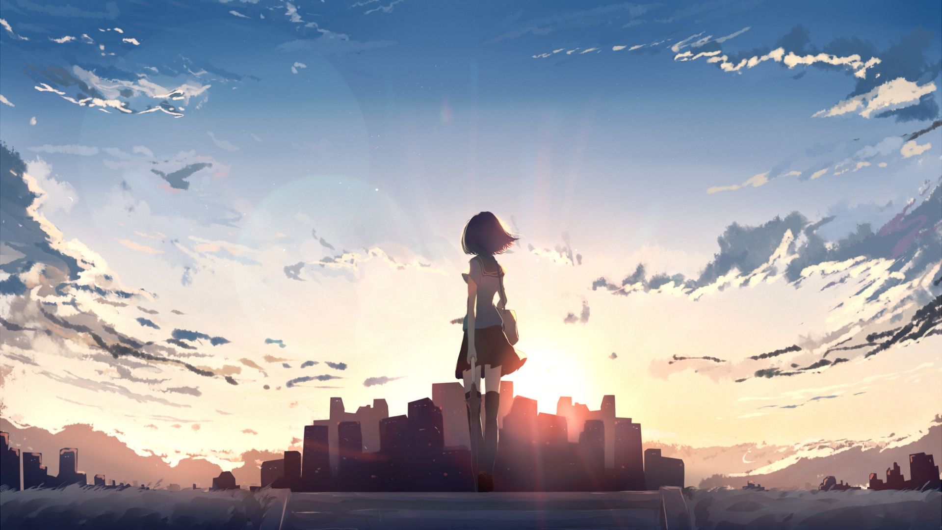 Desktop Wallpaper Alone, Anime Girl, Cityscape, HD Image, Picture, Background, Df1db2