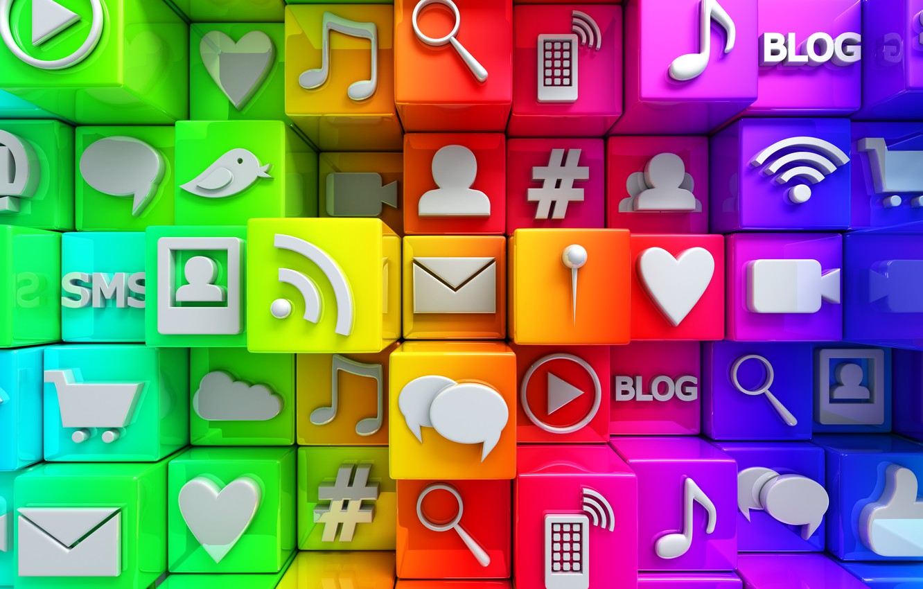 Wallpaper cubes, colorful, Internet, icons, cubes, icons, social network, media, social image for desktop, section рендеринг