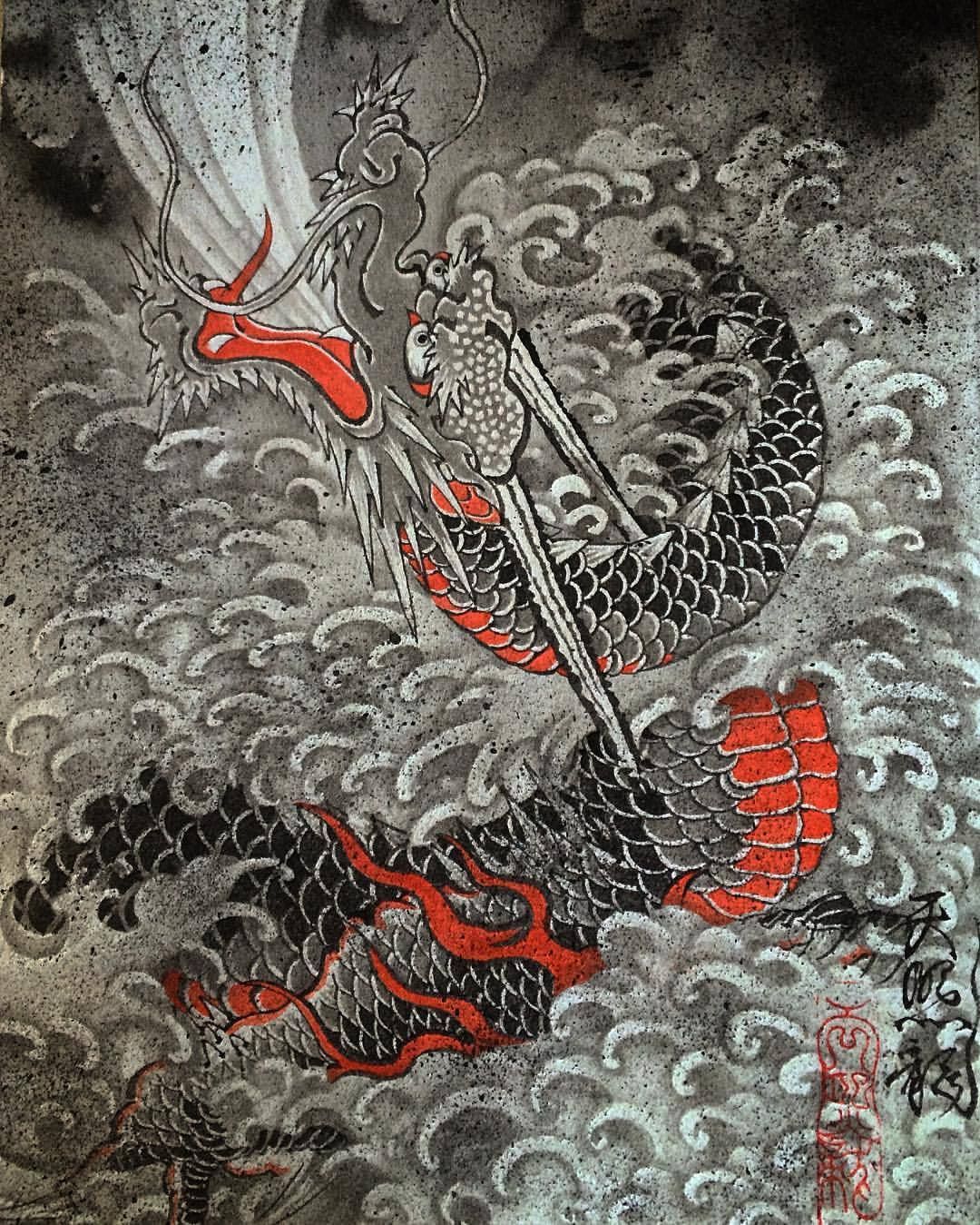 Tenkiryu Irezumi: “ あと１つ Drawing Of Dragon With Waves #drawing #dragon #ryu #tebori #handpoke #irezumi #ho. Japanese Illustration, Dragon Drawing, Japanese Tattoo