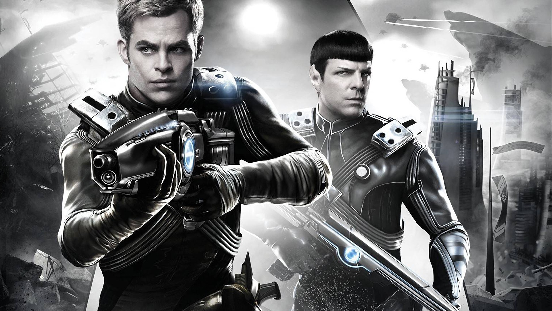 movies monochrome star trek into darkness chris pine zachary quinto spock james t kirk Wallpaper HD / Desktop and Mobile Background