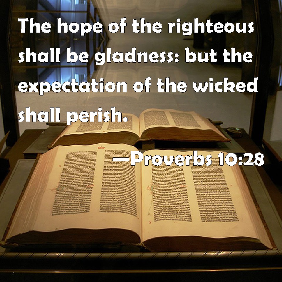 Proverbs 10:28 The hope of the righteous shall be gladness: but the expectation of the wicked shall perish