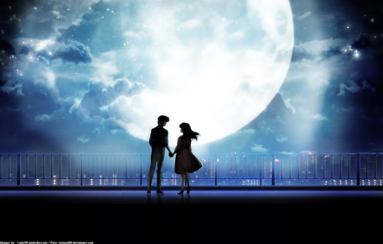 Wallpaper girl, night, the city, the moon, pair, guy, maison ikkoku, takahashi rumiko image for desktop, section прочее