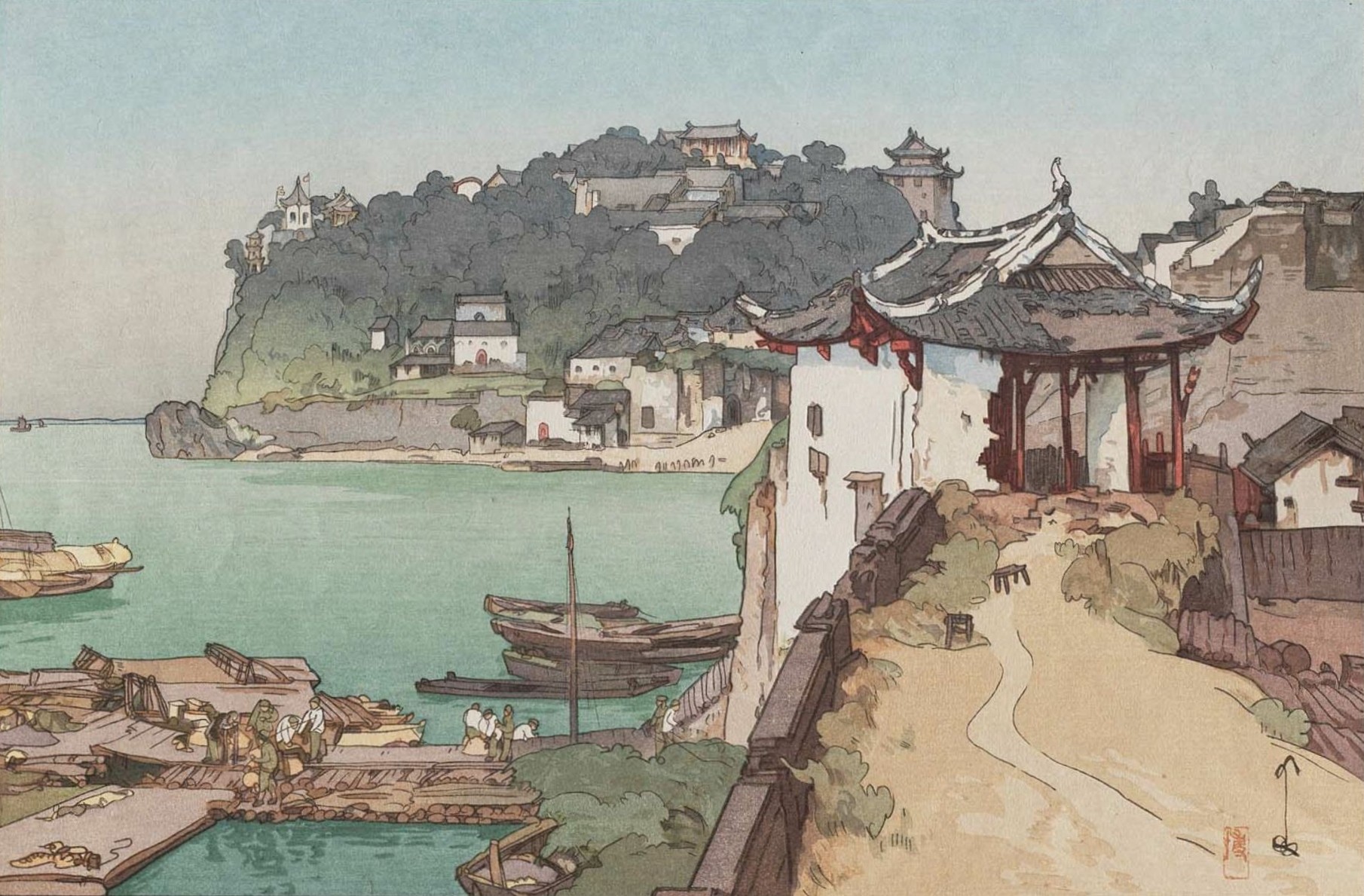 Wallpaper, painting, boat, sea, bay, water, artwork, village, coast, town, Japanese, Yoshida Hiroshi, Terrain, port, ancient history 1810x1189