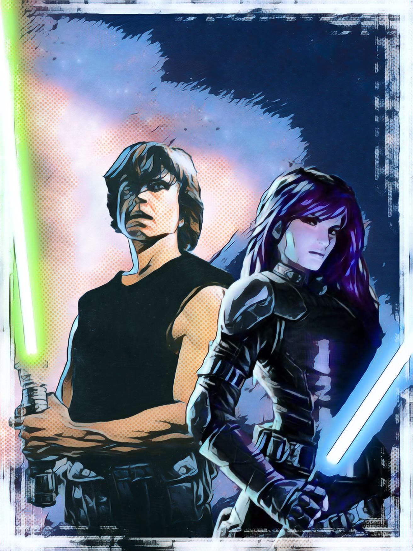 I combined two classic image of Luke Skywalker and Mara Jade and changed the lightsabers to match.: StarWarsEU
