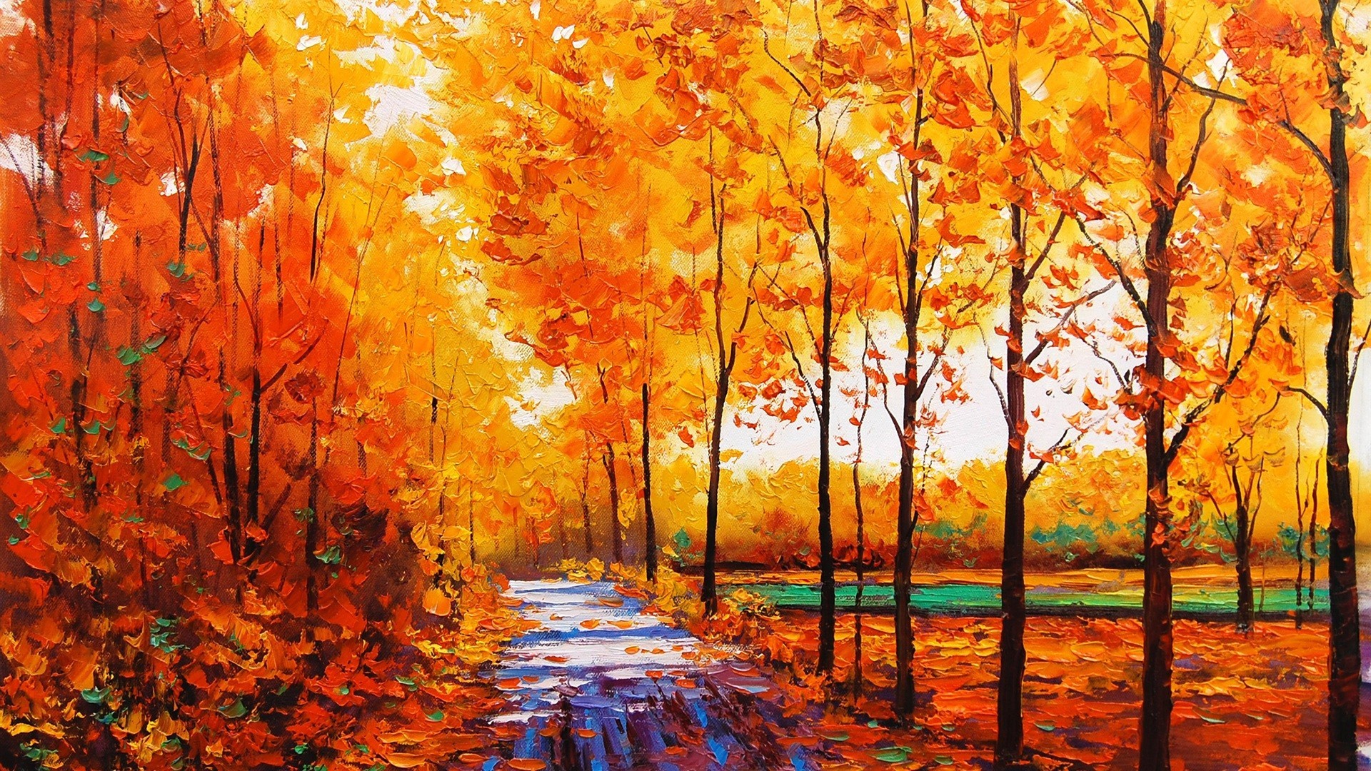 Wallpaper, sunlight, trees, landscape, fall, reflection, branch, stream, oil painting, ART, autumn, 1920x1080 px, woodland, grove, computer wallpaper, modern art, temperate broadleaf and mixed forest, deciduous, acrylic paint, watercolor paint