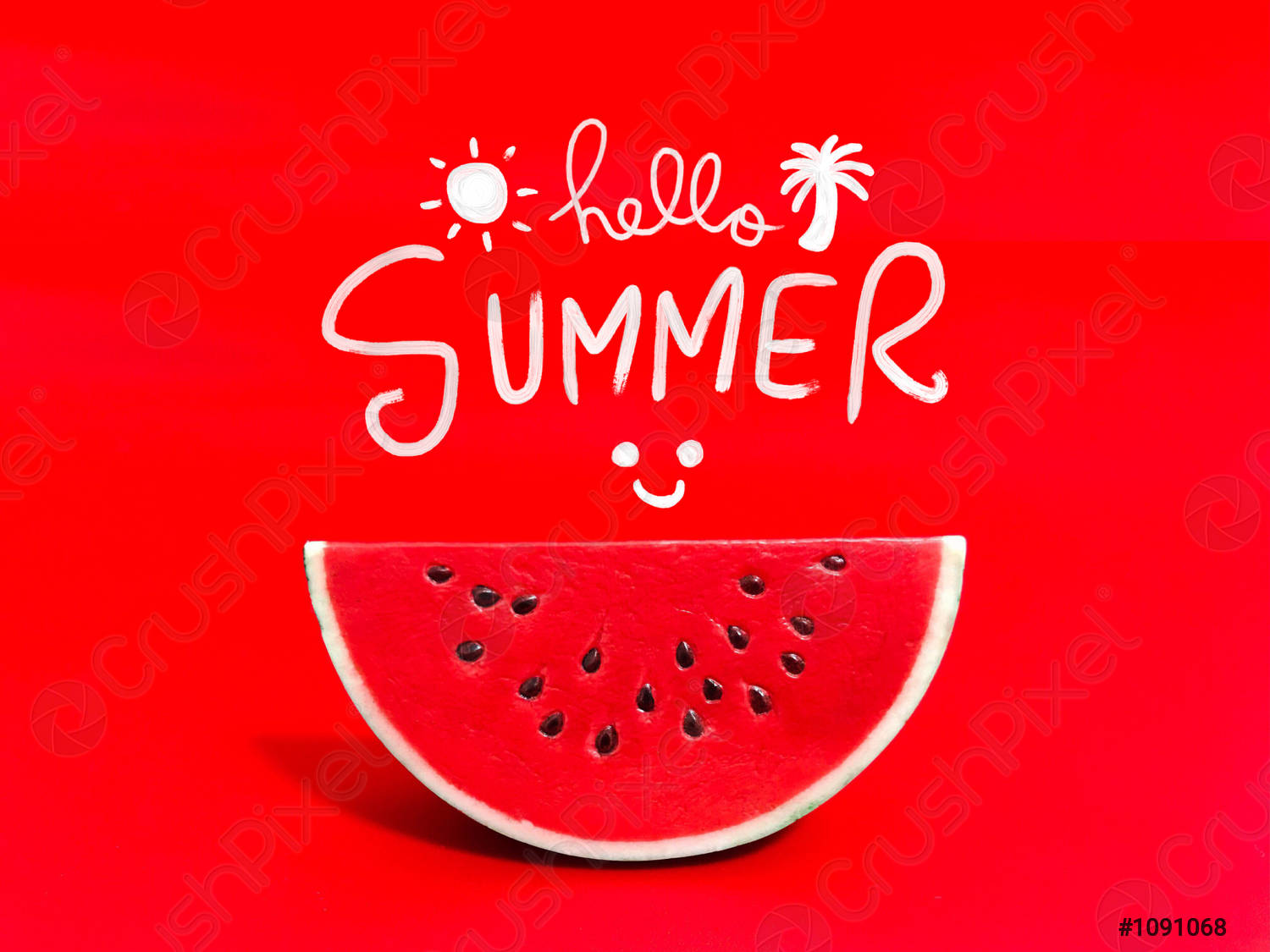 Hello summer Red watermelon slice on red background