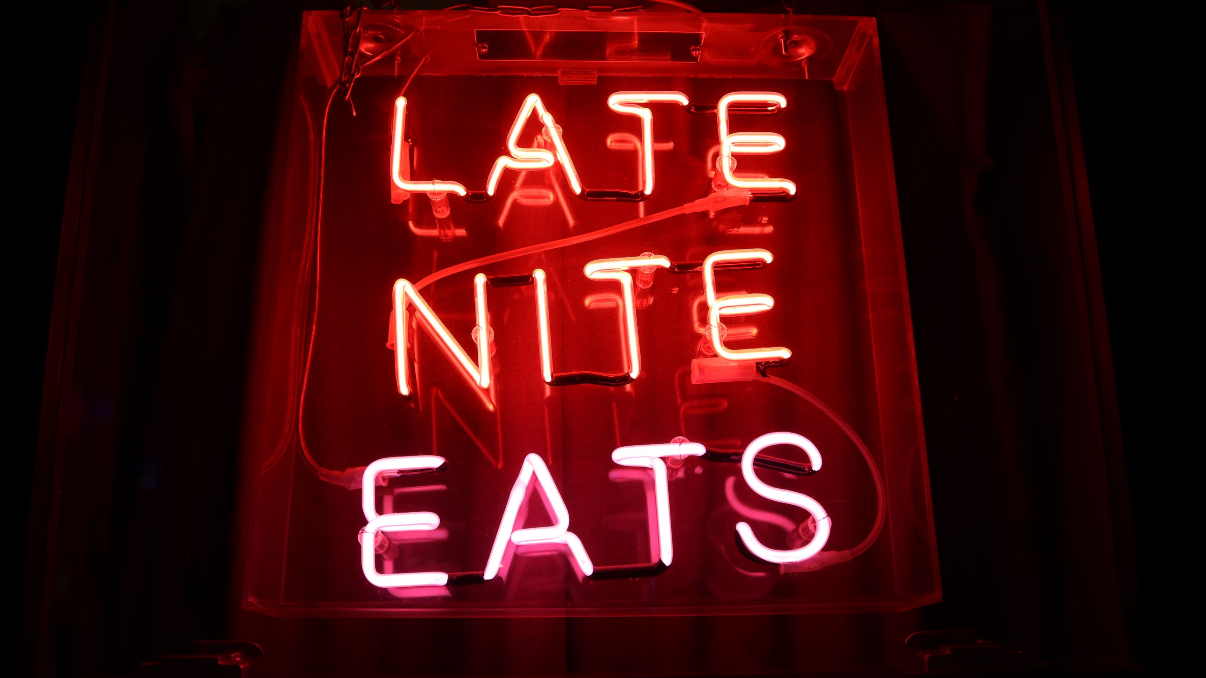 Download wallpaper 3840x2160 inscription, neon, lights, letters, text, late, nite, eats 4k uhd 16:9 HD background